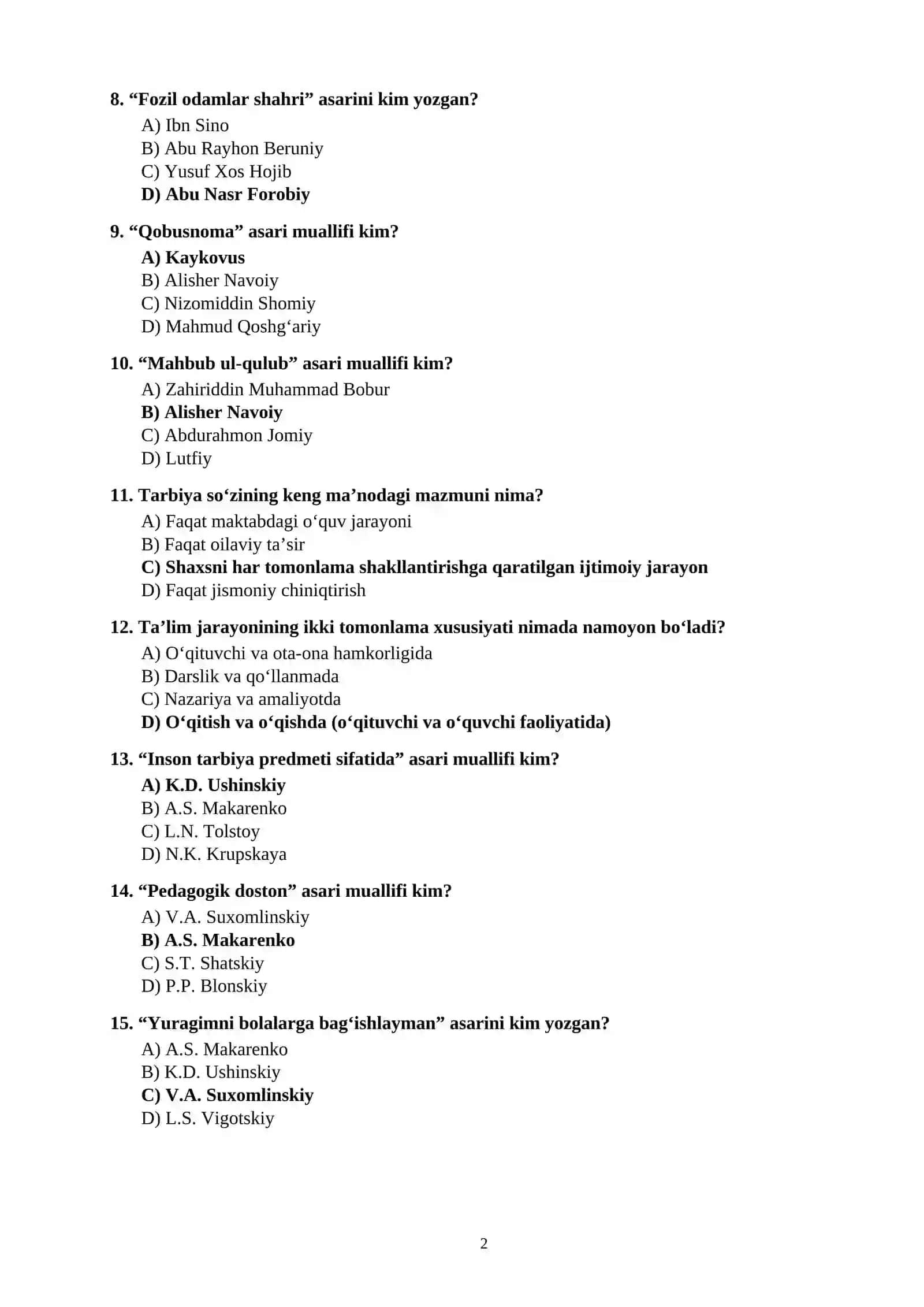 PEDAGOGIKA FANIDAN 100 TA TEST SAVOLLARI JAVOBLARI BILAN 2