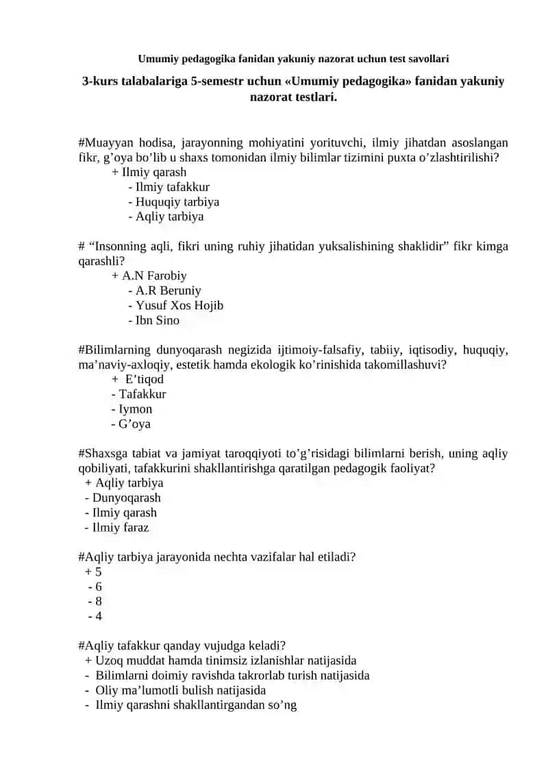 UMUMIY PEDAGOGIKA FANIDAN YAKUNIY NAZORAT TEST SAVOLLARI 2