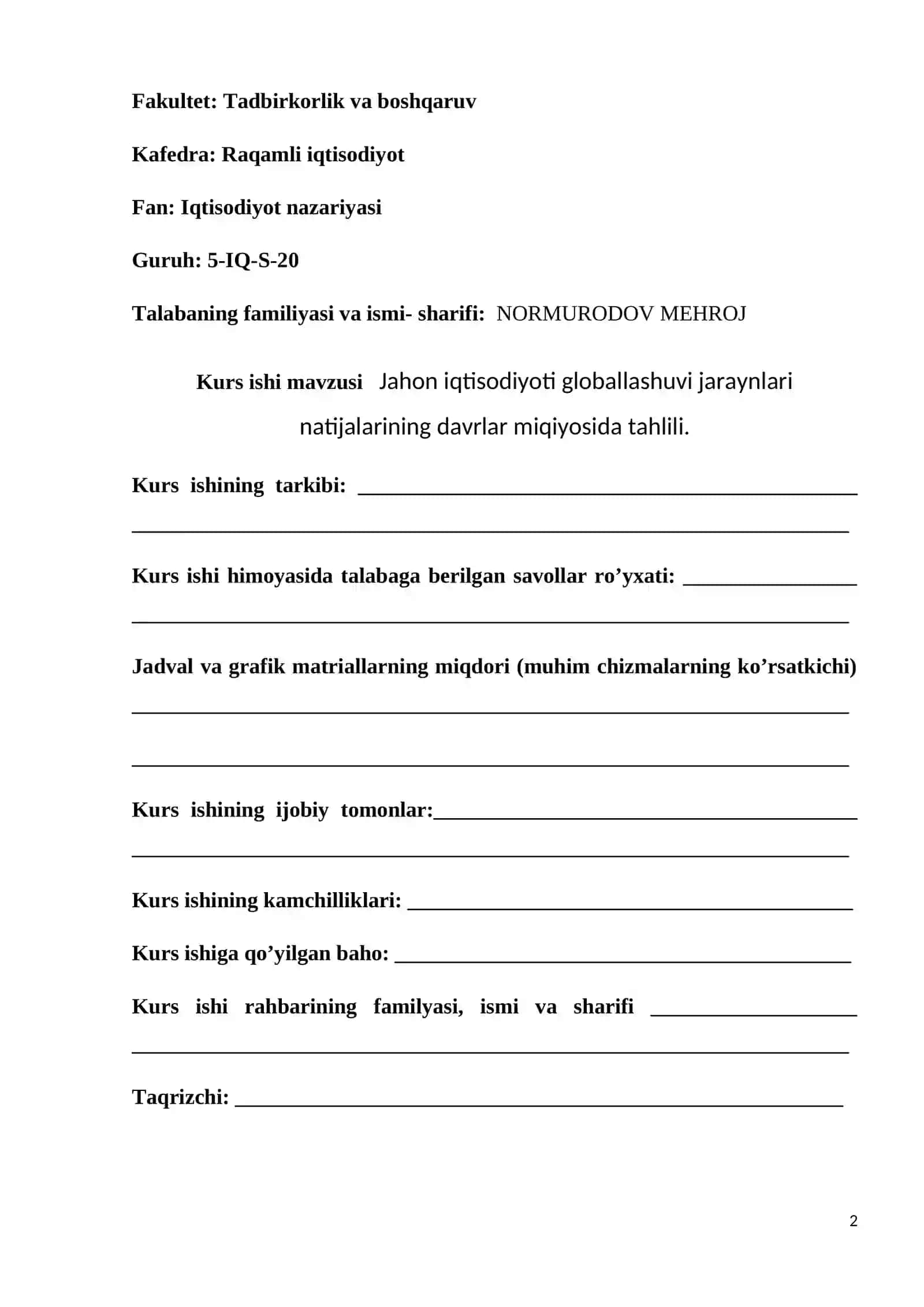 Jahon iqtisodiyoti globallashuvi jaraynlari natijalarining davrlar miqiyosida tahlili 2