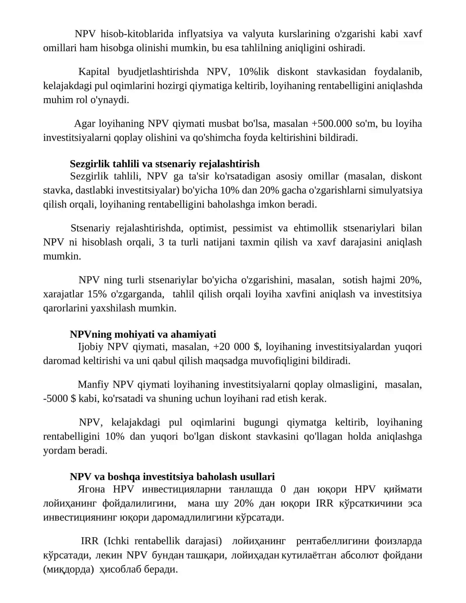 Kapitalni budjetlashtirishda sof joriy qiymat (NPV) tushunchasi 2