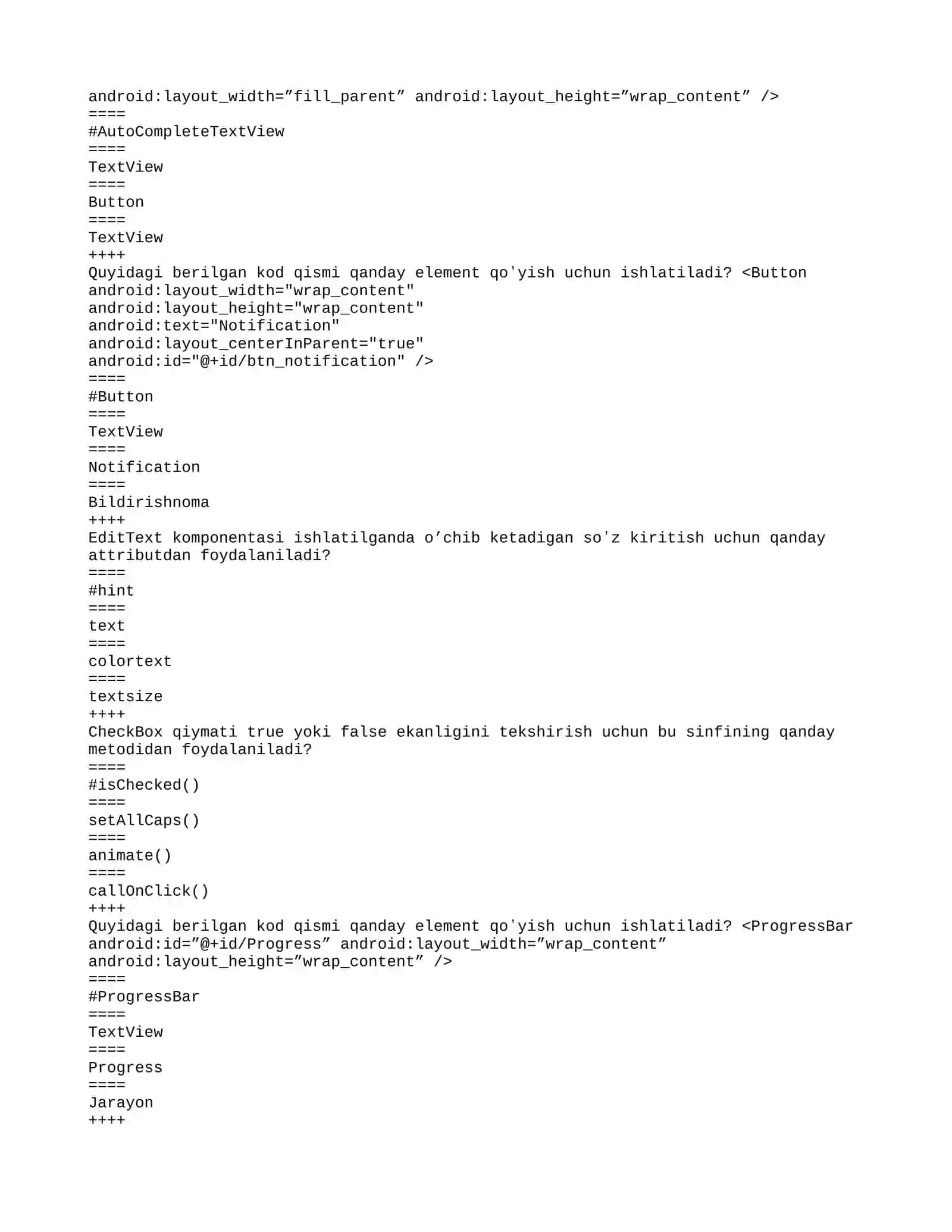 Mobil ilovalar ishlab chiqish fanidan test 2