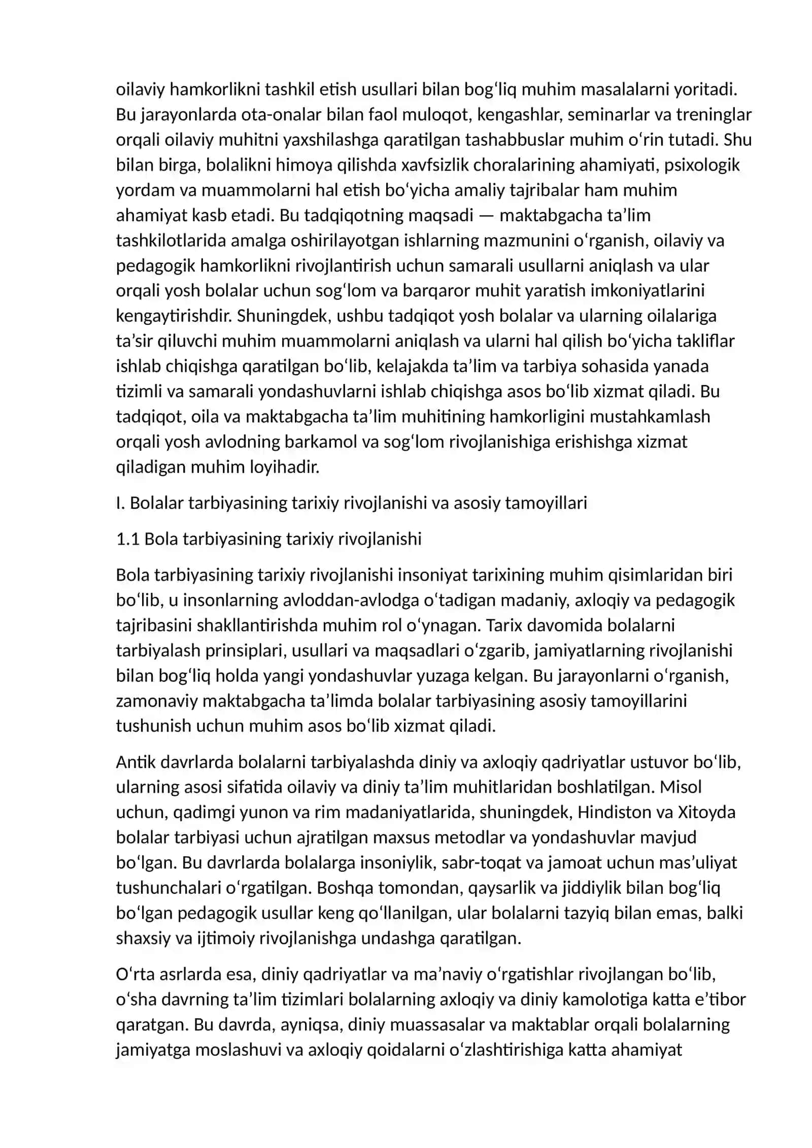 BOLA TARBIYASI. OILANI MUSTAHKAMLASH. ONALIK VA BOLALIKNI HIMOYA QILISH BOYICHA MAKTABGACHA TALIM TASHKILOTLARIDA AMALGA OSHIRILAYOTGANISHLARNING MAZMUNI BILAN TANISHISH 2