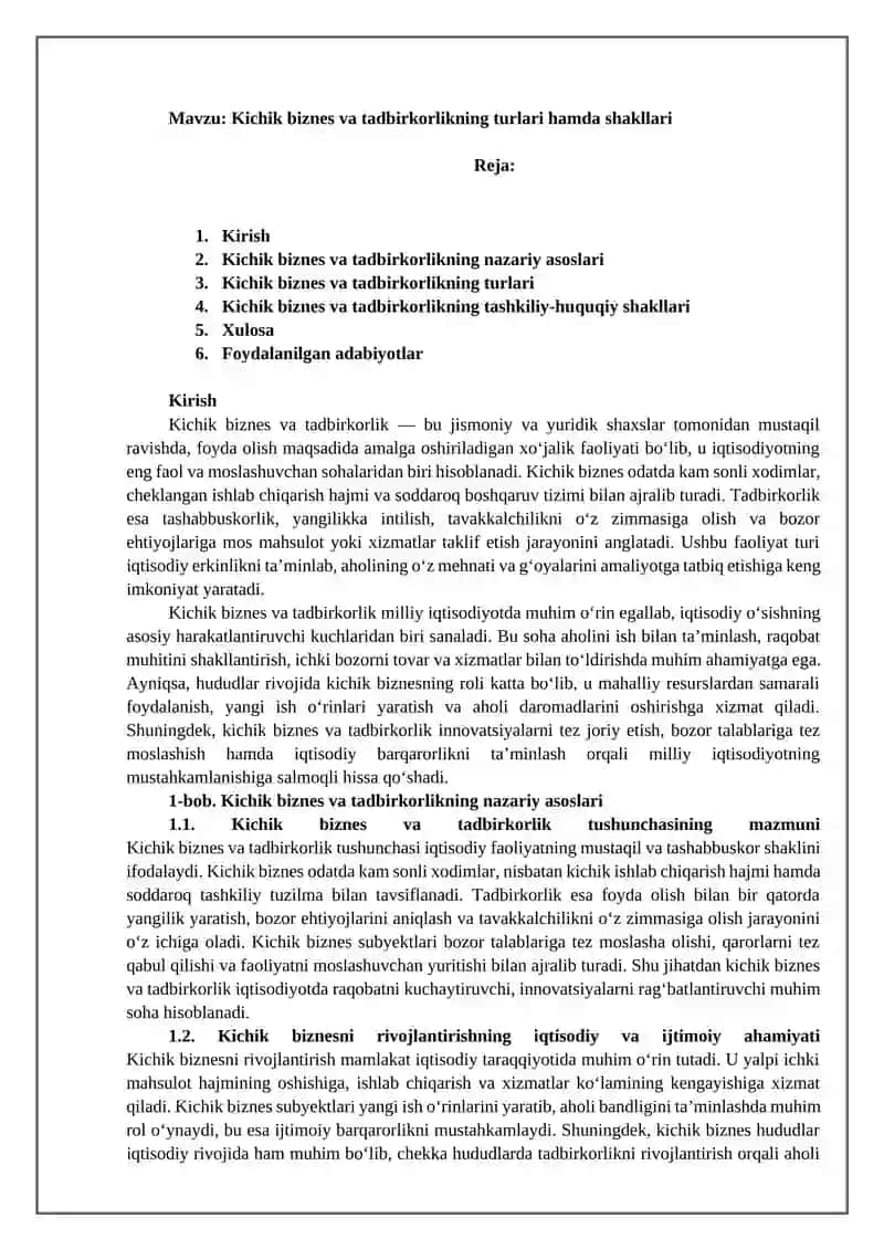 Kichik biznes va tadbirkorlikning turlari hamda shakllari 2