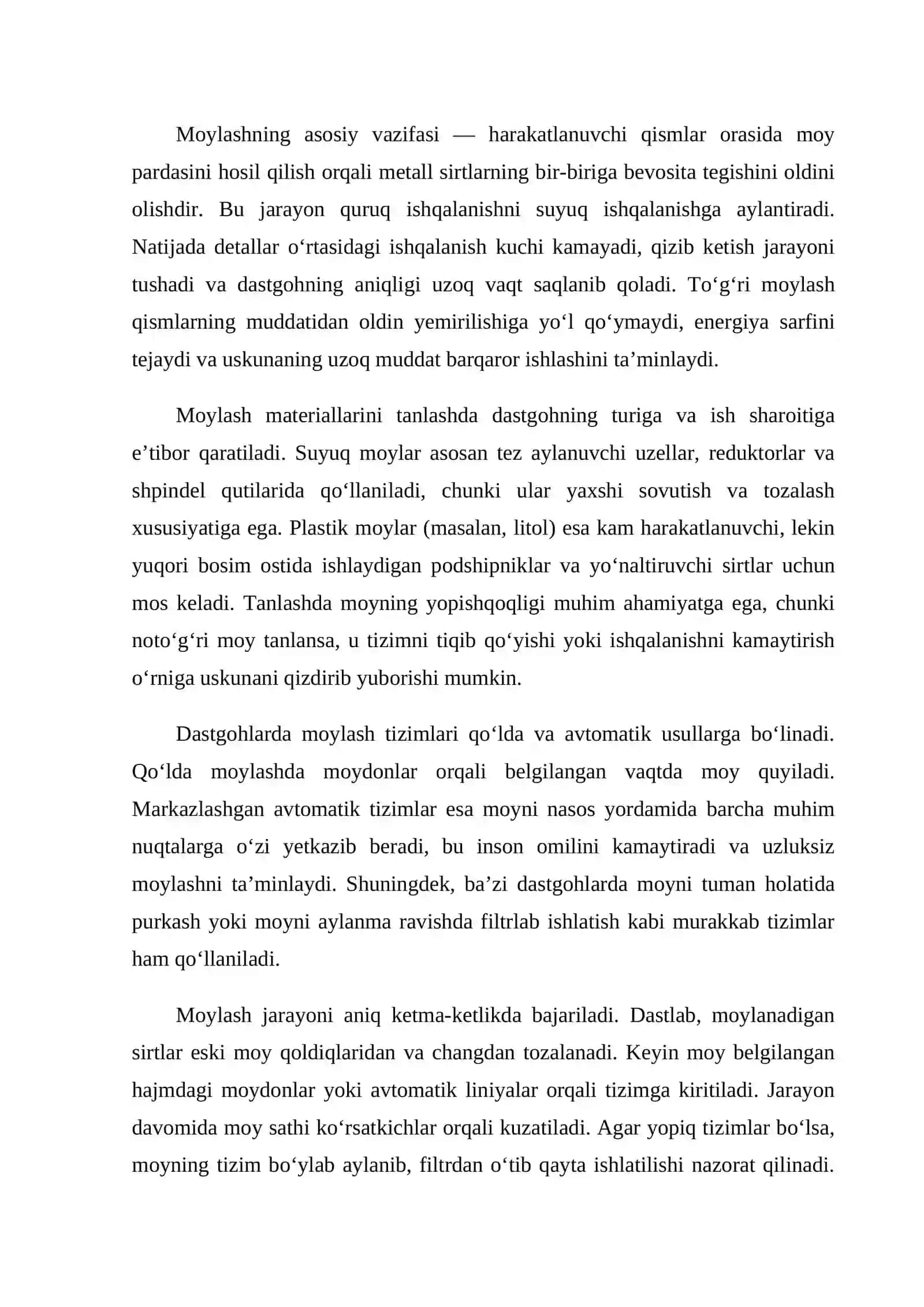 Dastgohlarni moylashning nazariy asoslari va uning ahamiyati 2
