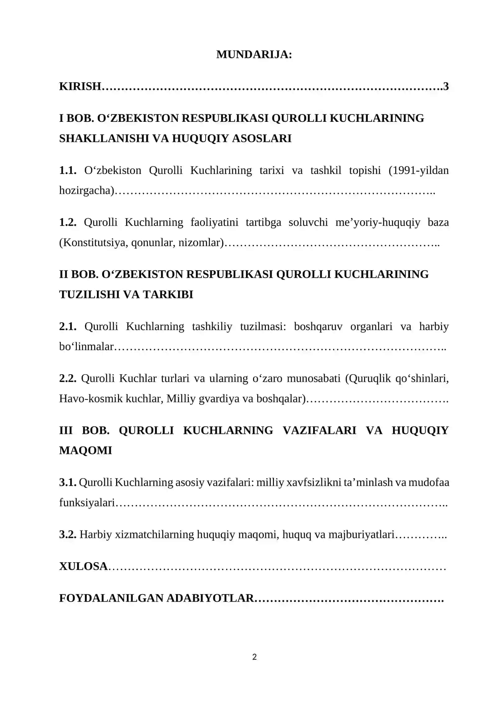 O‘zbekiston Respublikasida Qurolli Kuchlari tuzilishi, vazifalari va huquqiy holati kurs ishi 2
