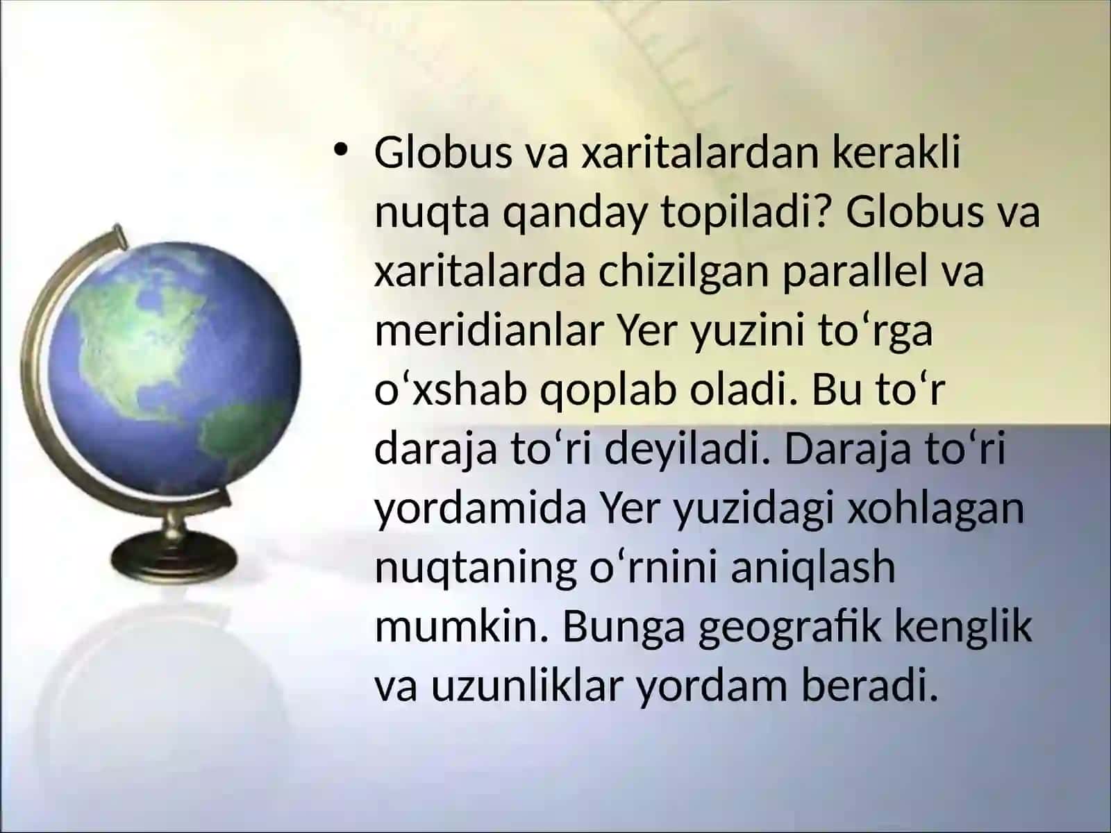 5-sinf Geografiya fanidan Geografik koordinatalar dars taqdimoti 2