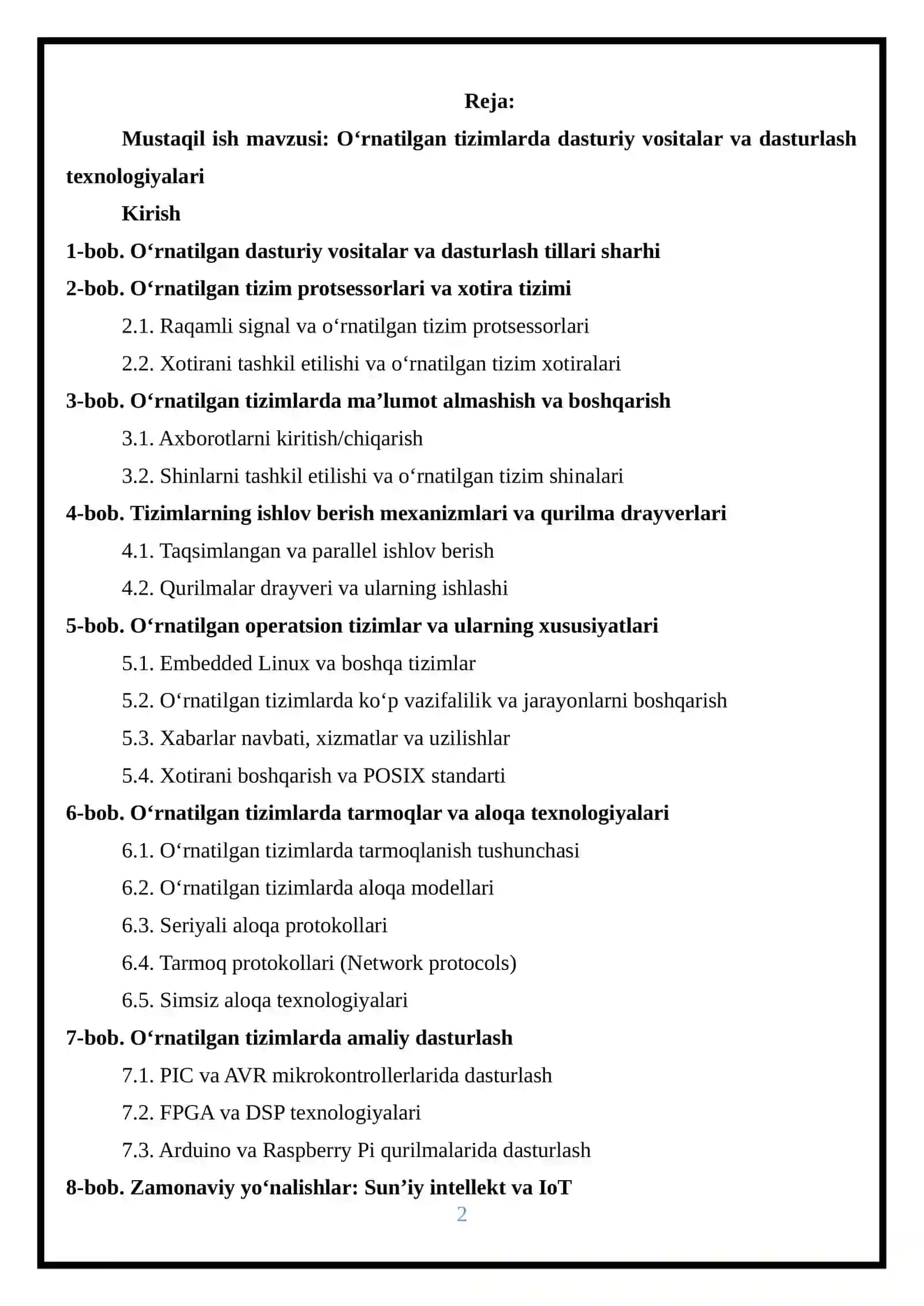 O‘rnatilgan tizimlarda dasturiy vositalar va dasturlash texnologiyalari 2