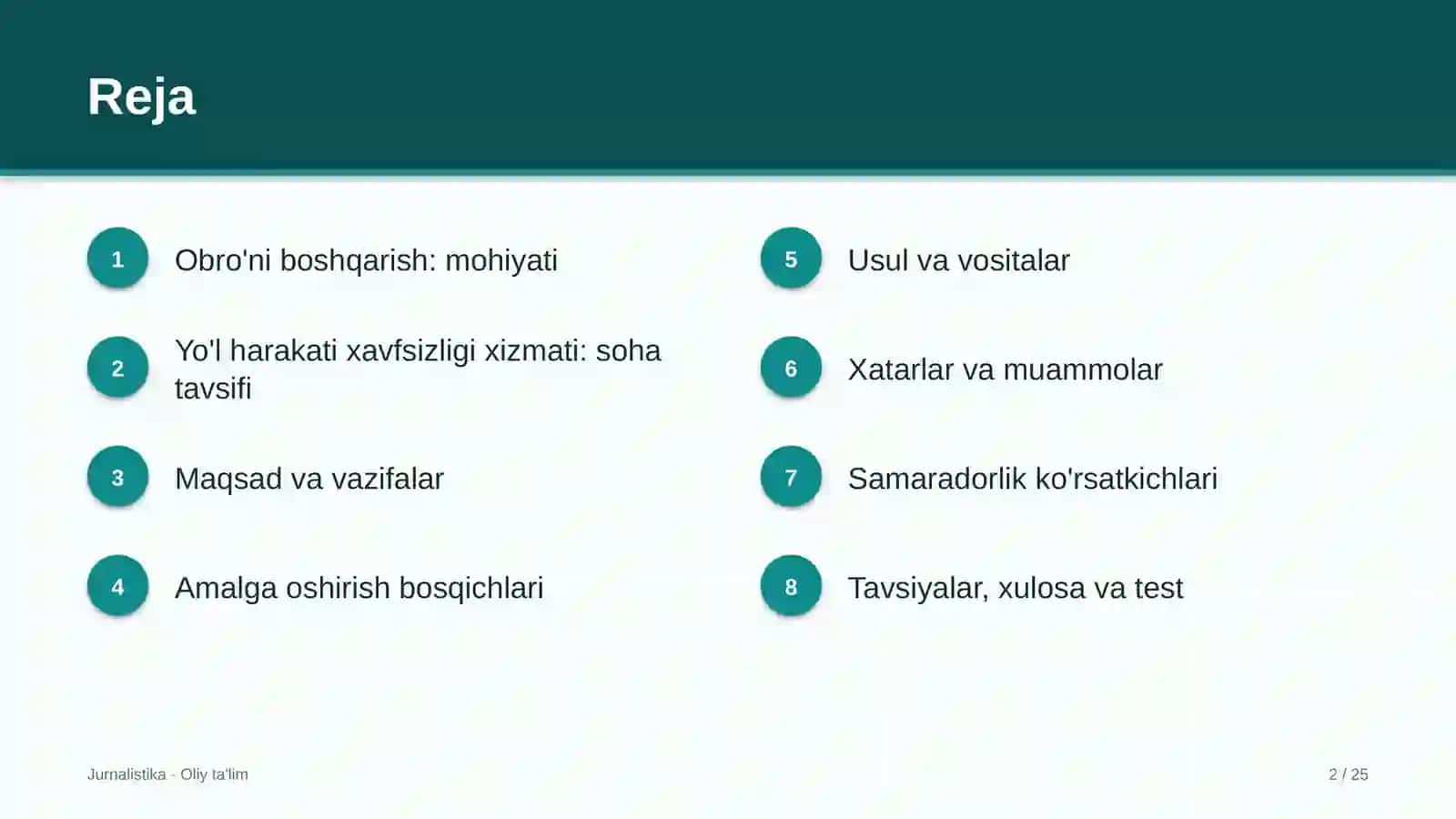 Yo'l harakati xavfsizligi xizmatida obro'ni boshqarish 2