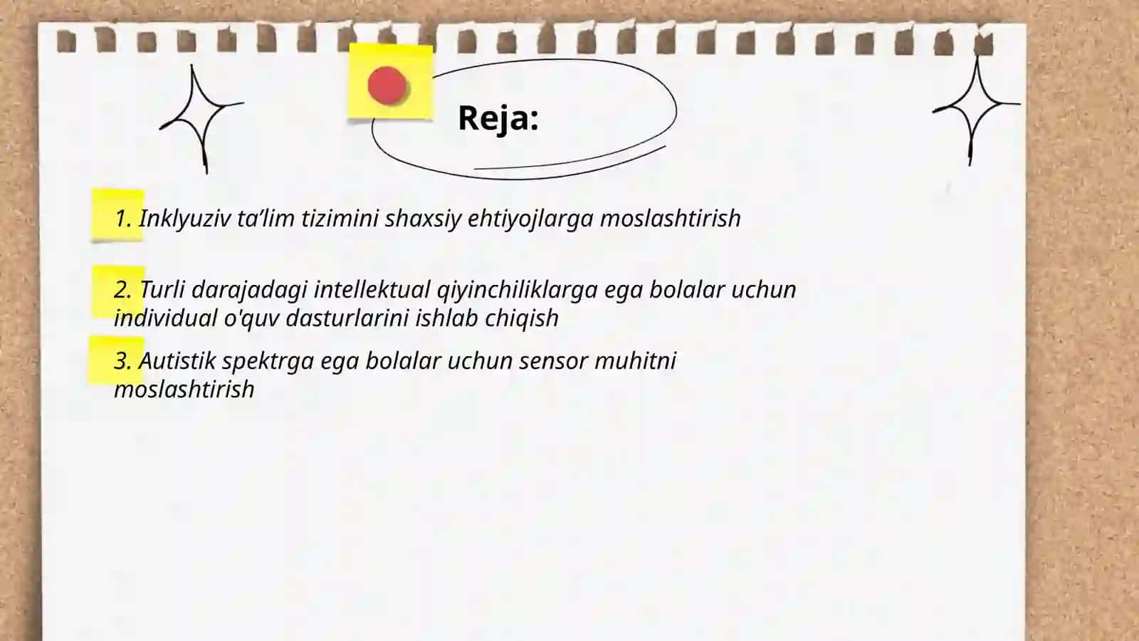 Turli darajadagi intellektual qiyinchiliklarga ega, autistik spektr va sensor buzilishlarga ega bolalar bilan inklyiziv ta’limni tashkil etish strategiyalari va shartlari 2