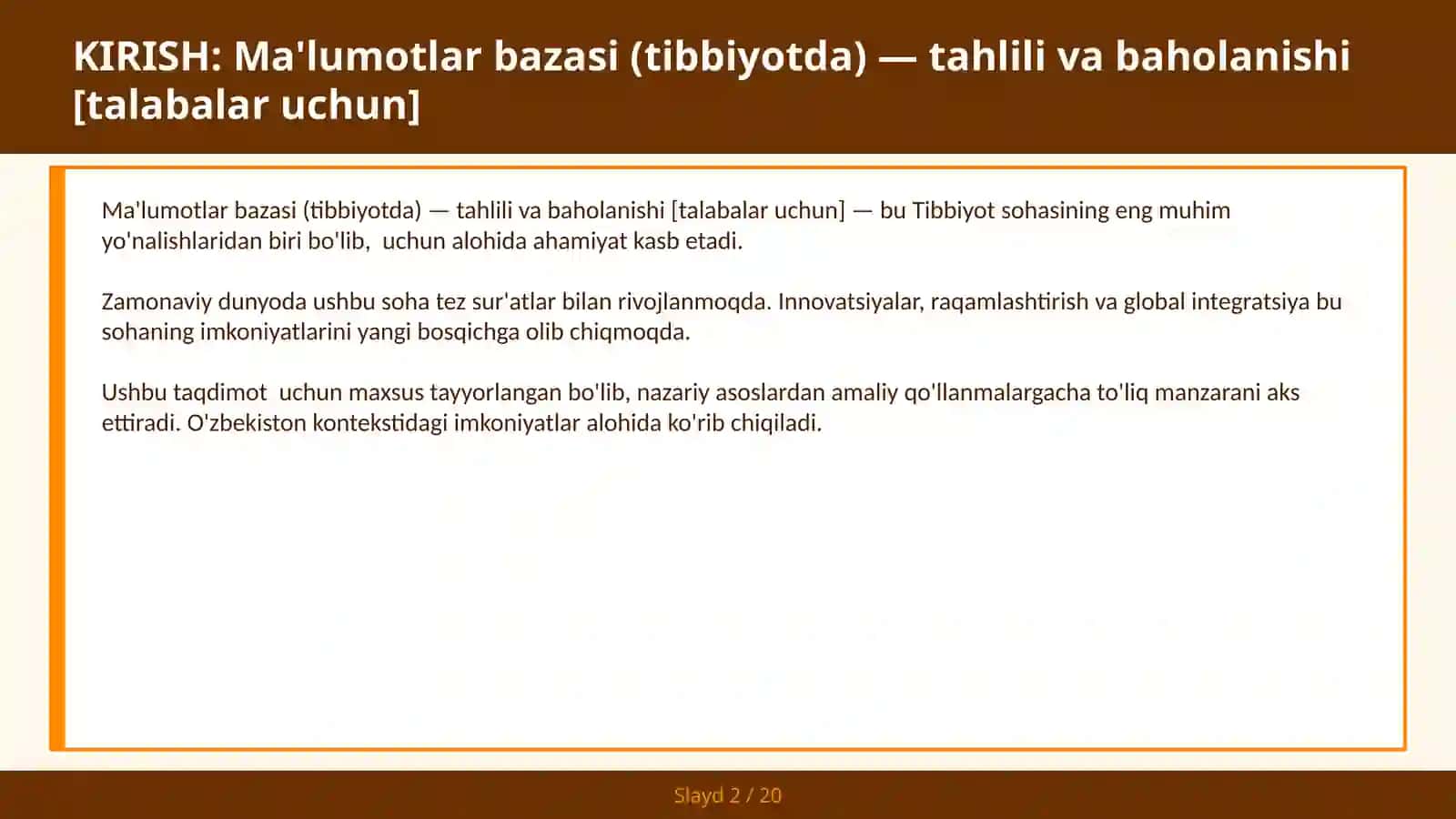 MA'LUMOTLAR BAZASI (TIBBIYOTDA) — TAHLILI VA BAHOLANISHI [TALABALAR UCHUN] 2