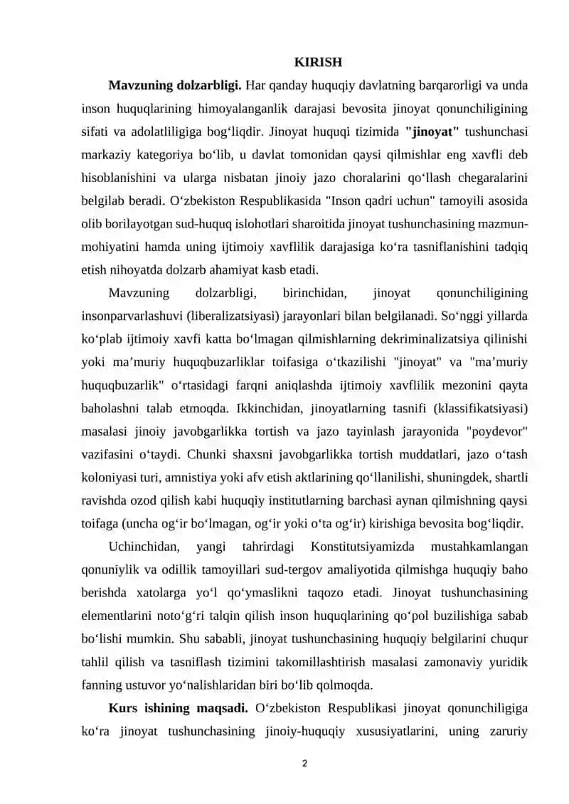 O'ZBEKISTON JINOYAT QONUNCHILIGIGA KO'RA JINOYAT TUSHUNCHASI VA UNING TASNIFI 2