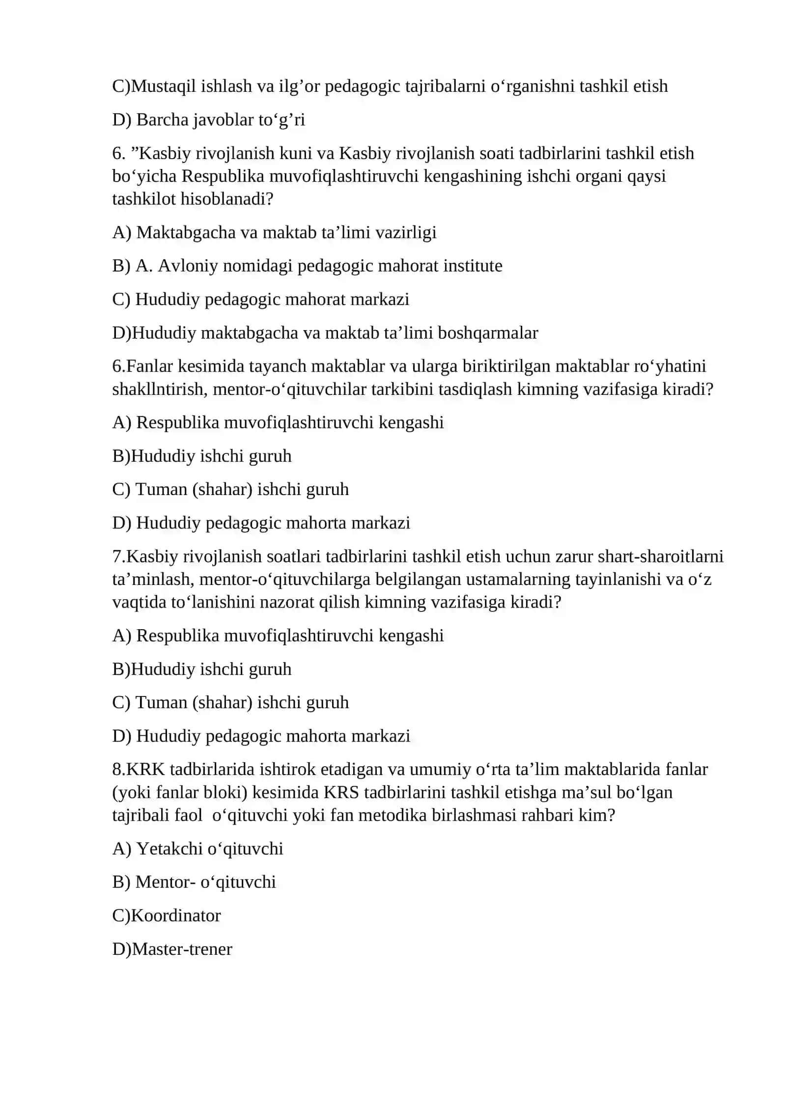 Kasbiy rivojlanish kuni testlar 2