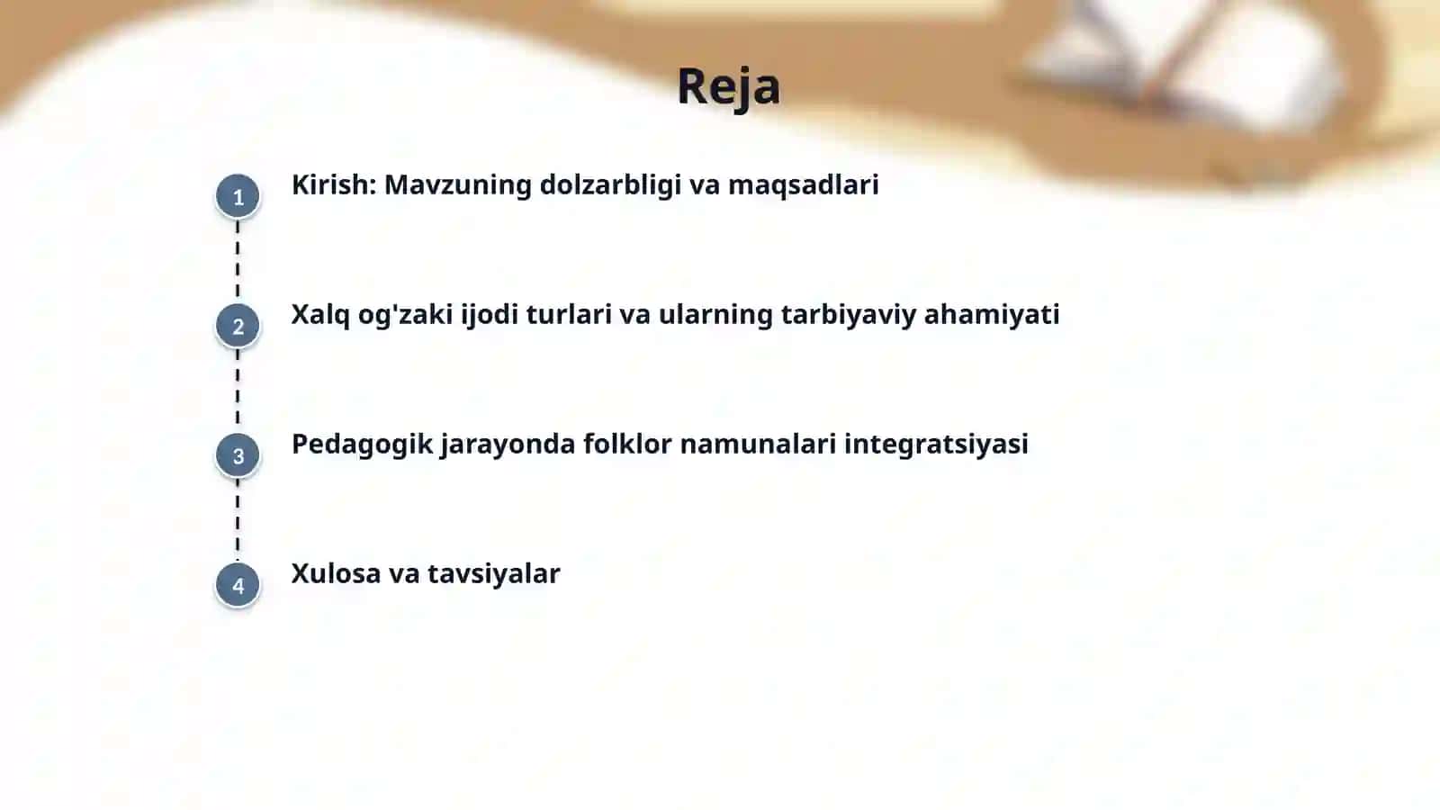 Mavzu: Tarbiyaviy ishlarni olib borishda xalq og'zaki ijodi namunalaridan foydalanish. 2