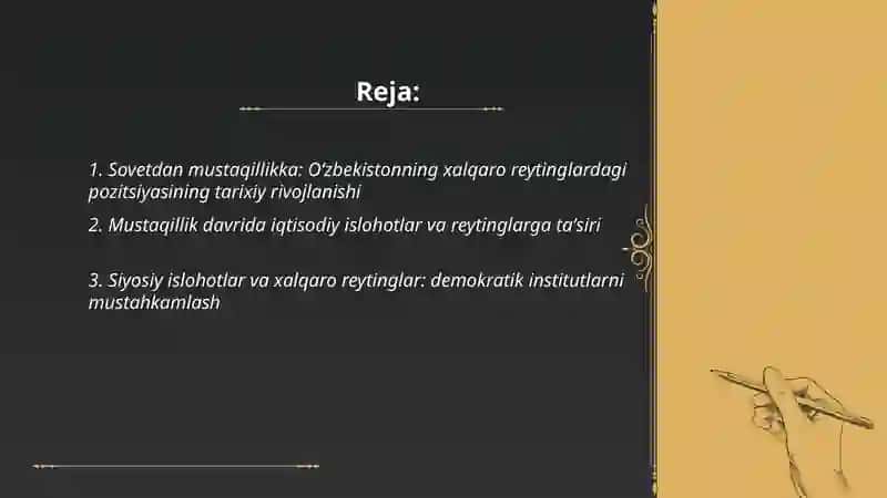 Oʻzbekistonni xalqaro reytinglardagi koʻrsatgichlarini koʻtarishning tarixiy va siyosiy ahamiyati 2