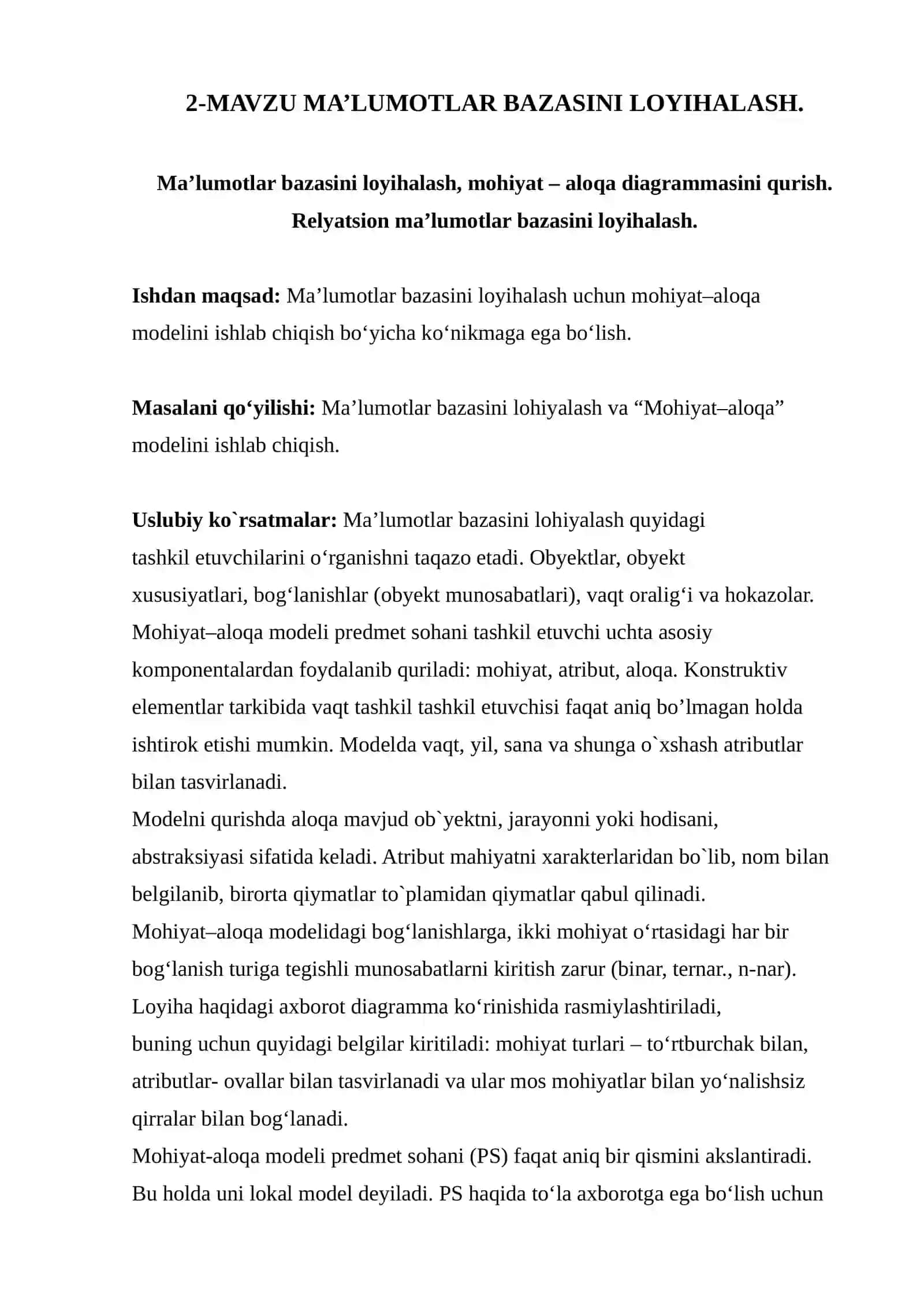 Ma'loomotlar bazasini loyihalash va formatlashtirish 2