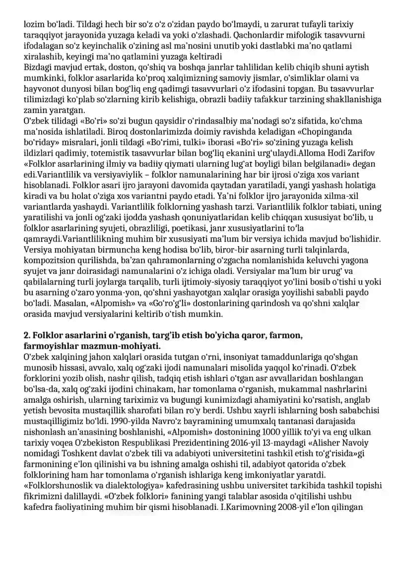 O'ZBEK FOLKLORIDAN YAKUNIY JAVOBLARI 2