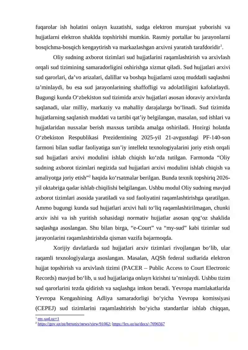 OLIY SUDNING AXBOROT TIZIMLARI NEGIZIDA SUD HUJJATLARI ARXIVI MODULI 2