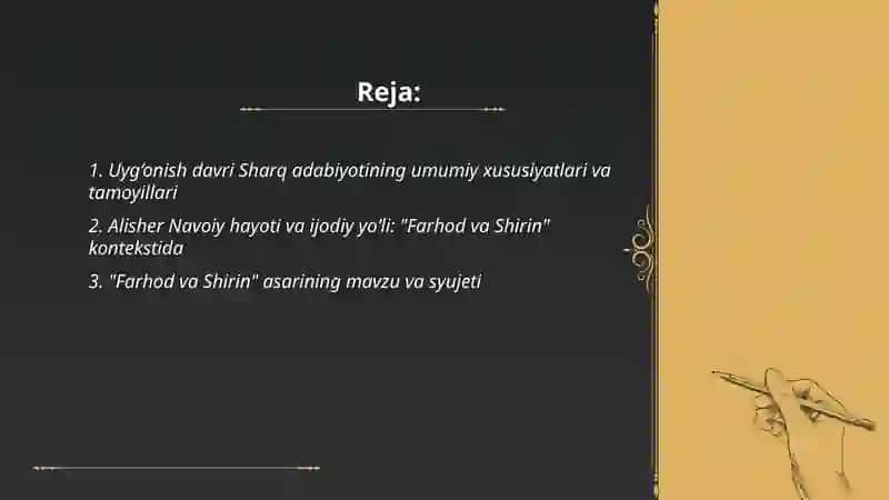 Uyg‘onish davri Sharq adabiyoti. Alisher Navoiyning “Farhod va shirin” asari 2