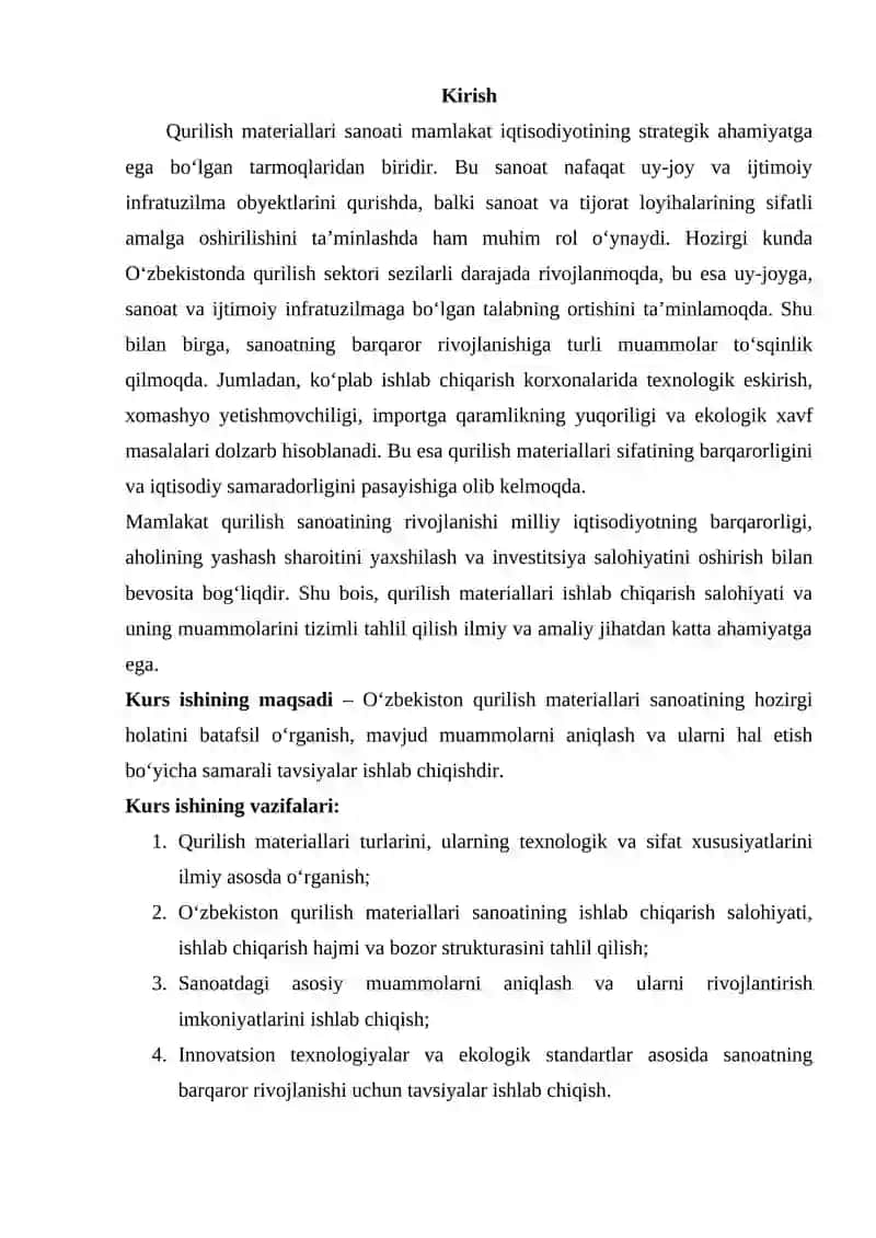 Qurilish Materiallari Sanoating Holati va Muammonlari 2