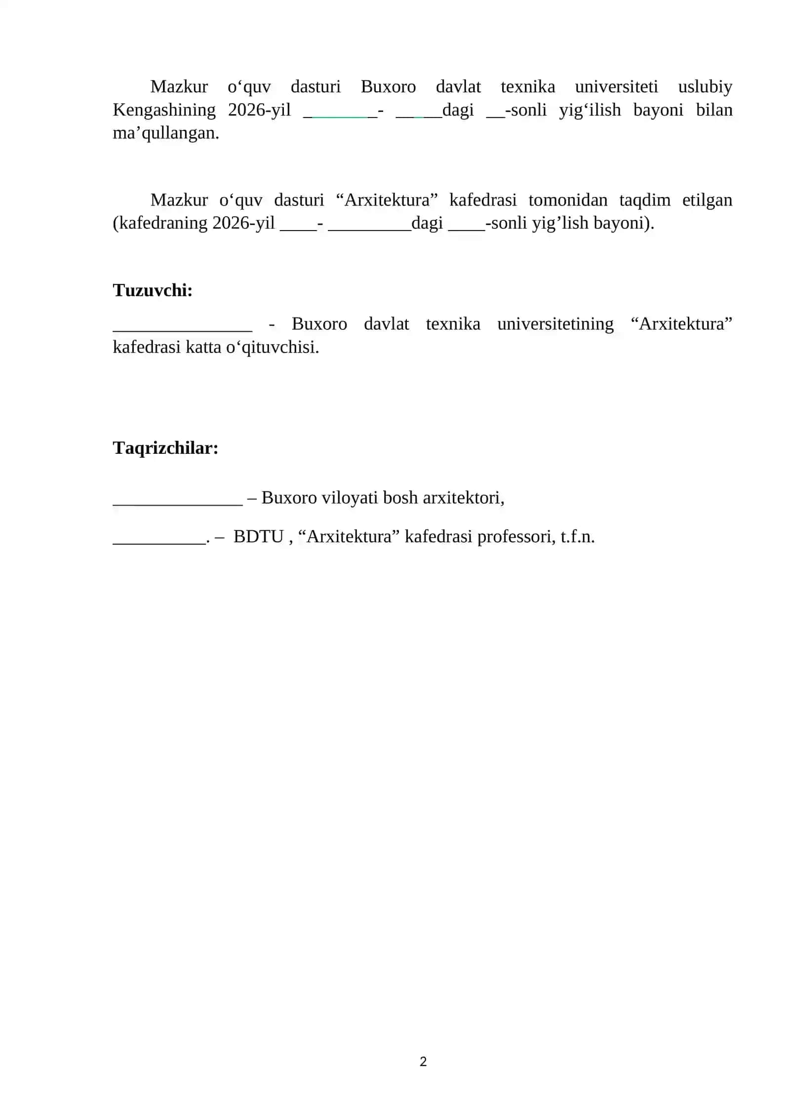 Arxitektura shakllarini uyg‘unlashtirish va bezash fanining o‘quv dasturi.doc 2