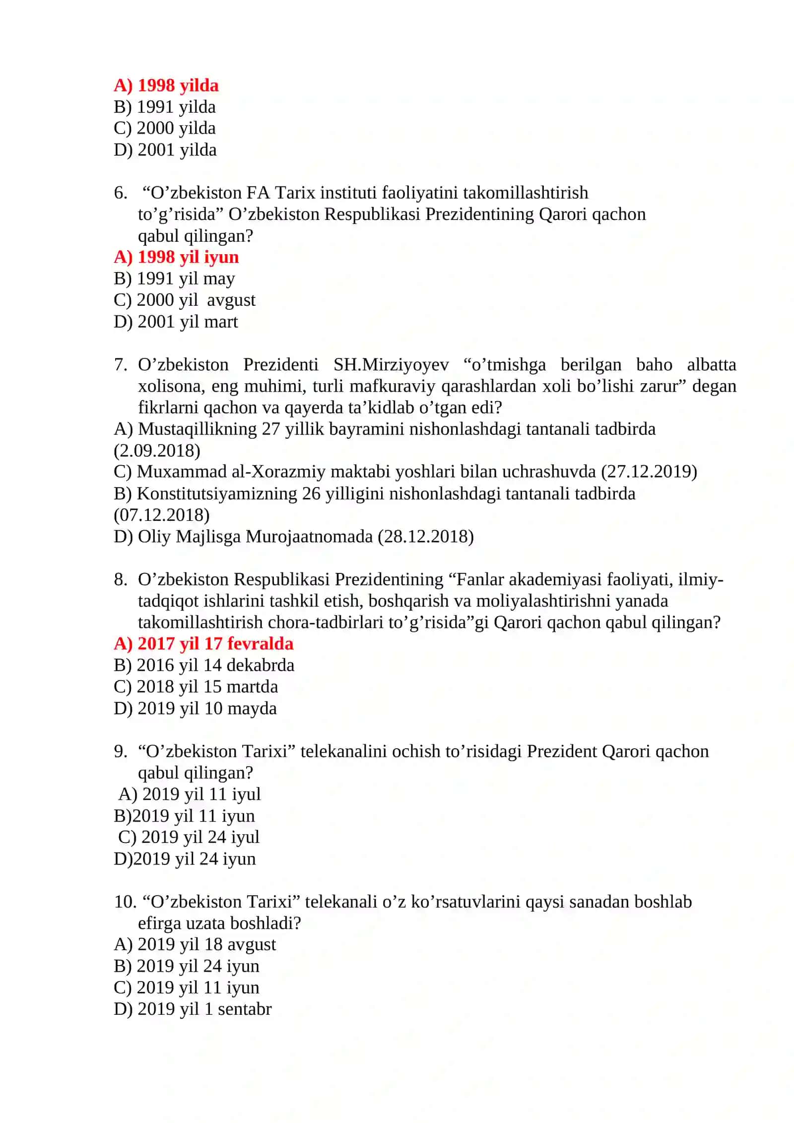 Eng yangi tarixi fanidan TESTLAR 2