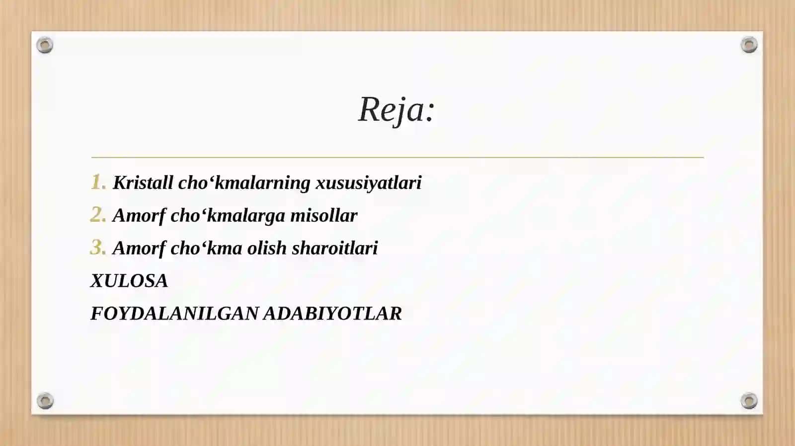 Kristall va amorf cho‘kma olish sharoitlar. 2