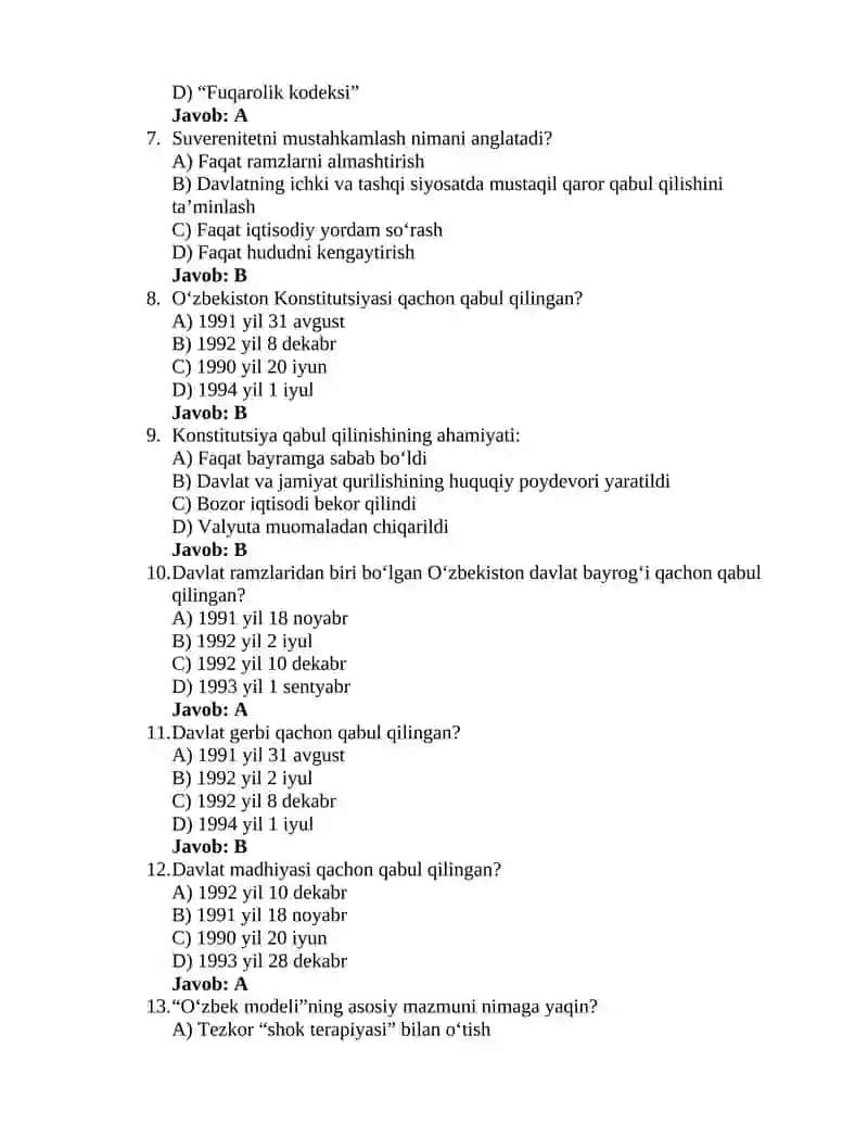 Oʻzbekistonning eng yangi tarixi 4-test 2