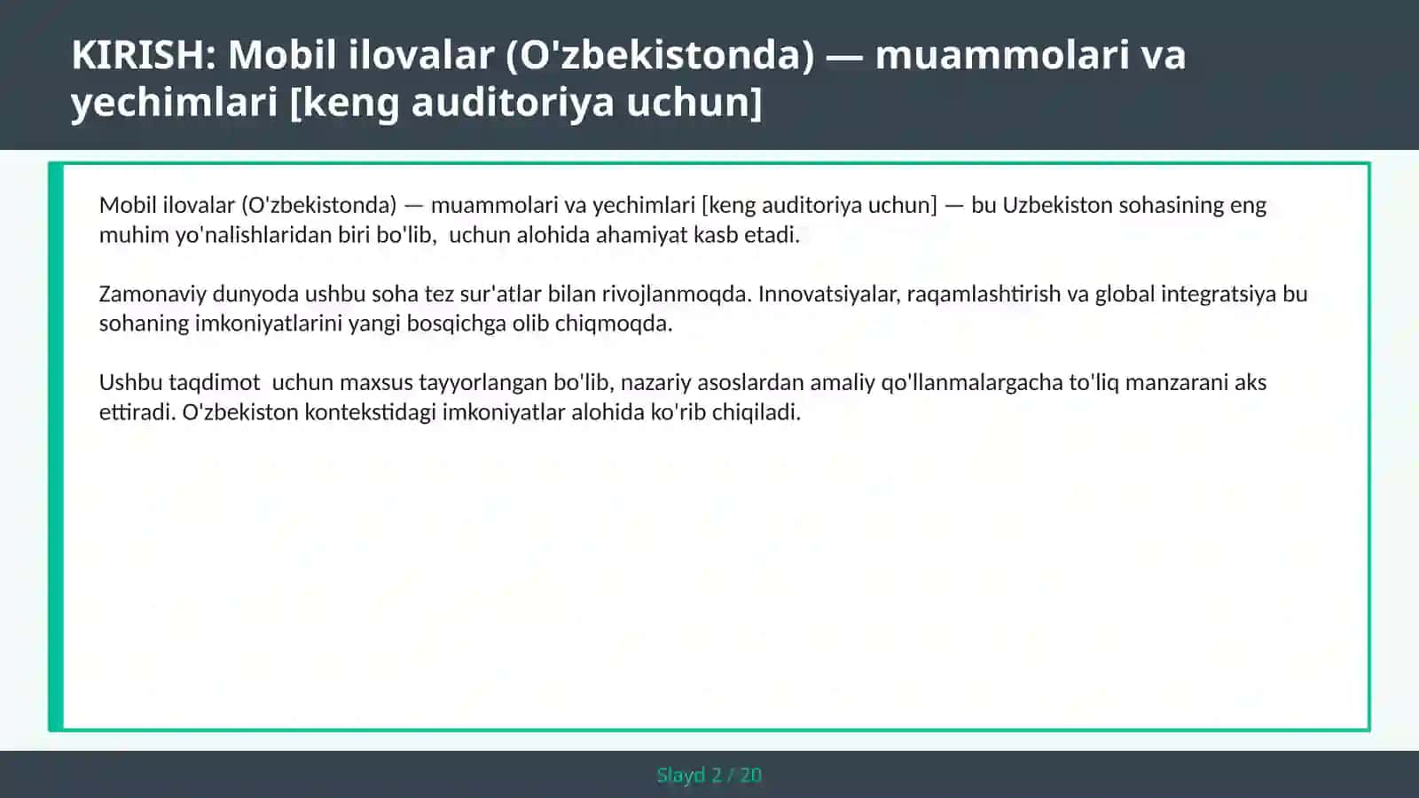 MOBIL ILOVALAR (O'ZBEKISTONDA) — MUAMMOLARI VA YECHIMLARI [KENG AUDITORIYA UCHUN] 2