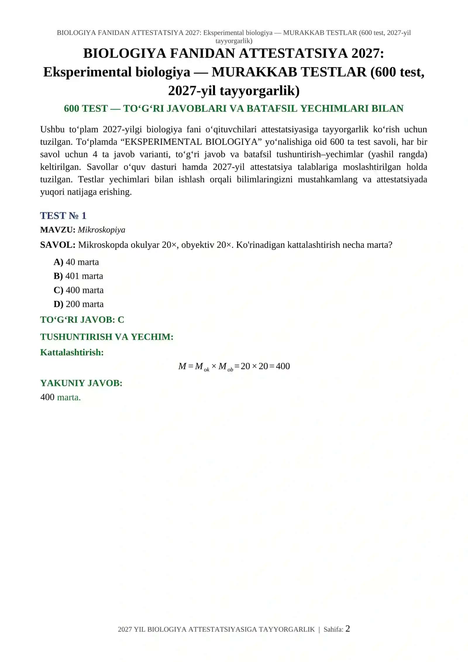 BIOLOGIYA FANIDAN ATTESTATSIYA 2027: Eksperimental biologiya — MURAKKAB TESTLAR (600 test, 2027-yil tayyorgarlik) 2