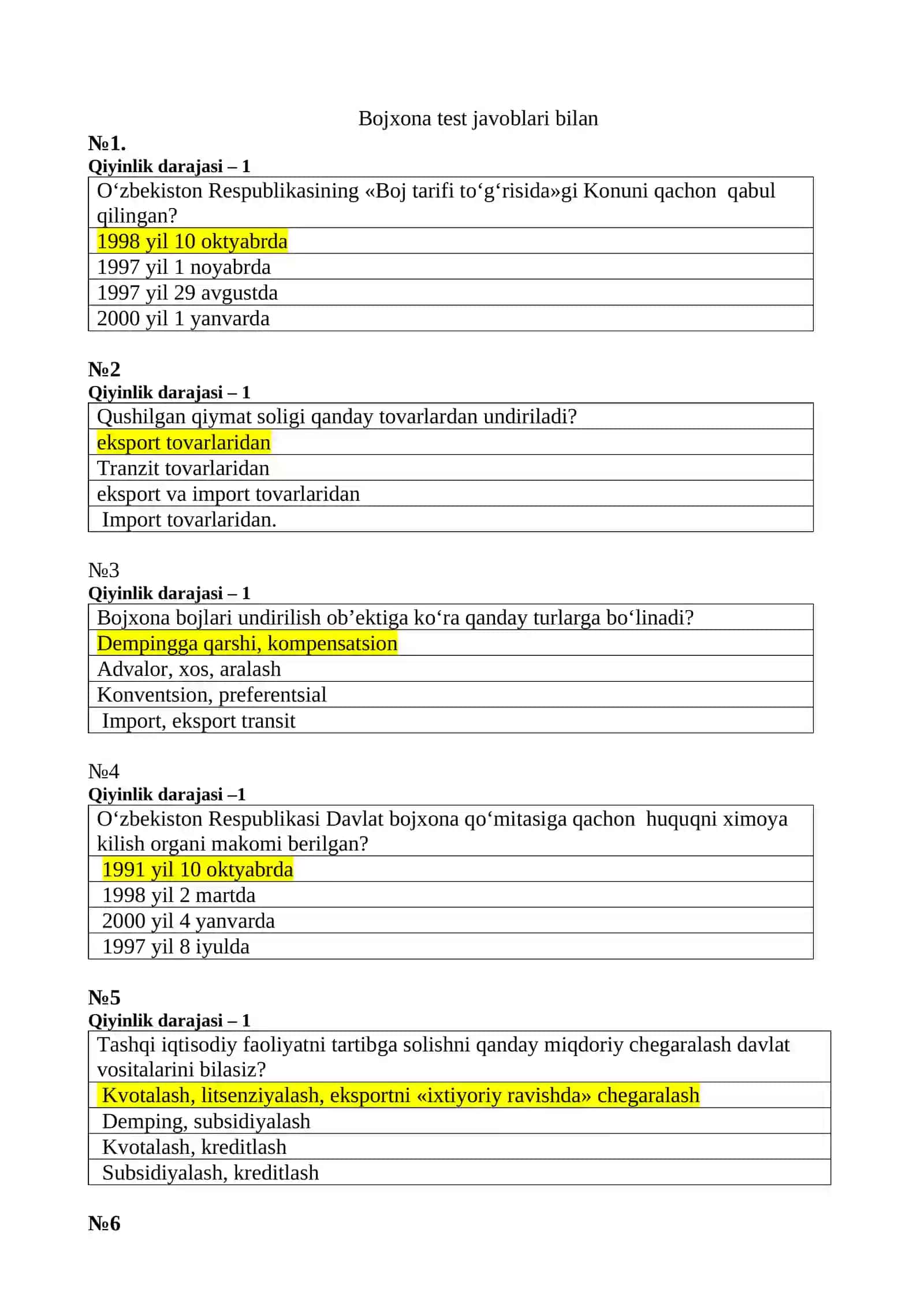 Bojxona test javoblari bilan 2