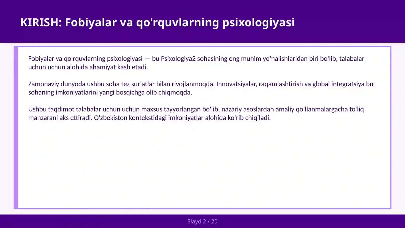KIRISH: Fobiyalar va qo'rquvlarning psixologiyasi 2