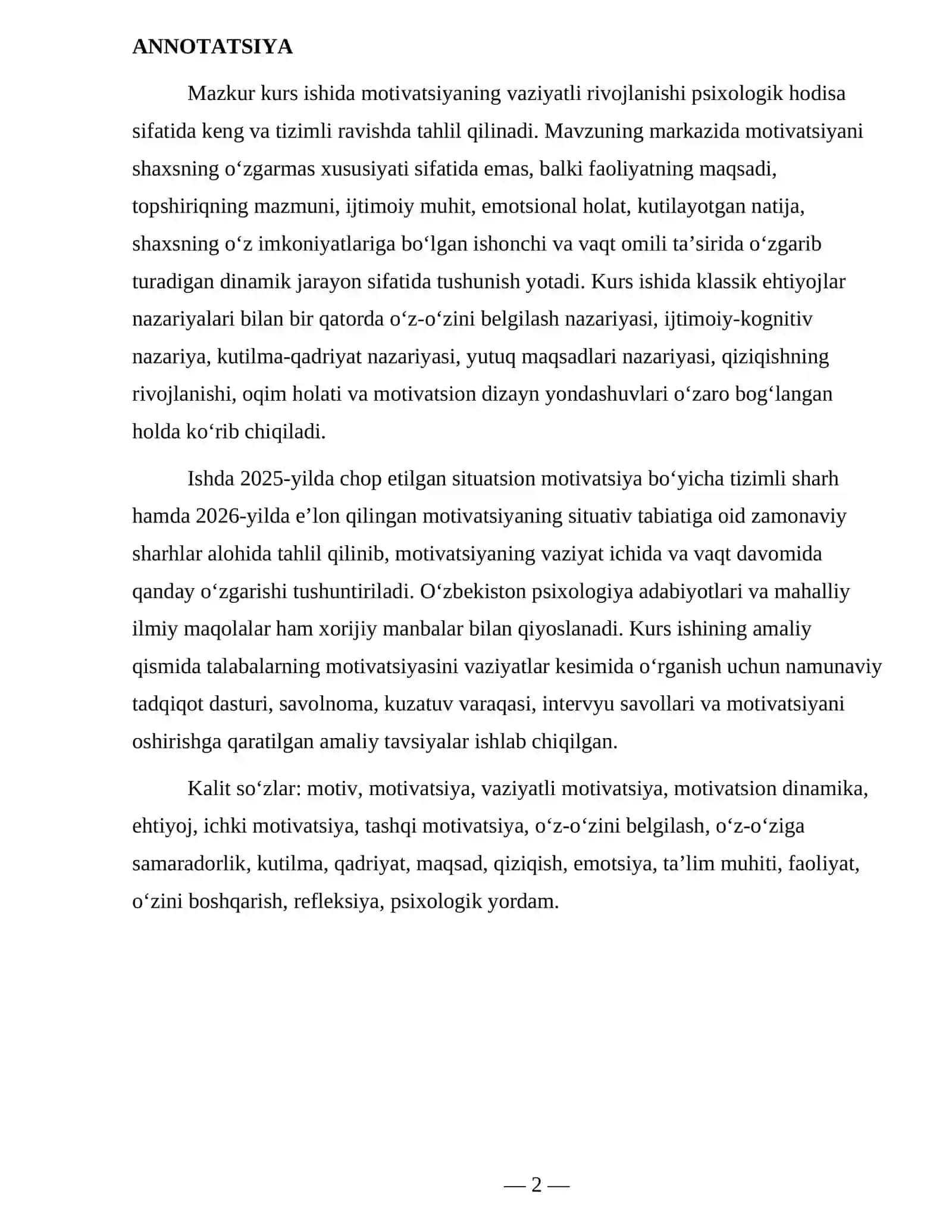 “MOTIVATSIYANING VAZIYATLI RIVOJLANISHI” 2