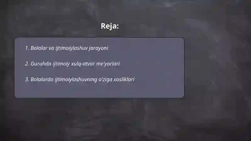 Ijtimoiyladhtirish bolalar tomonidan guruhdan ijtimoiy xulq atvor meyorlarining o'zlashtirilishi,qabul qilinishi va rayo etilishiga raxbarlik bolalarning ijtimoiy lashuv sohalarini o'rganishi 2