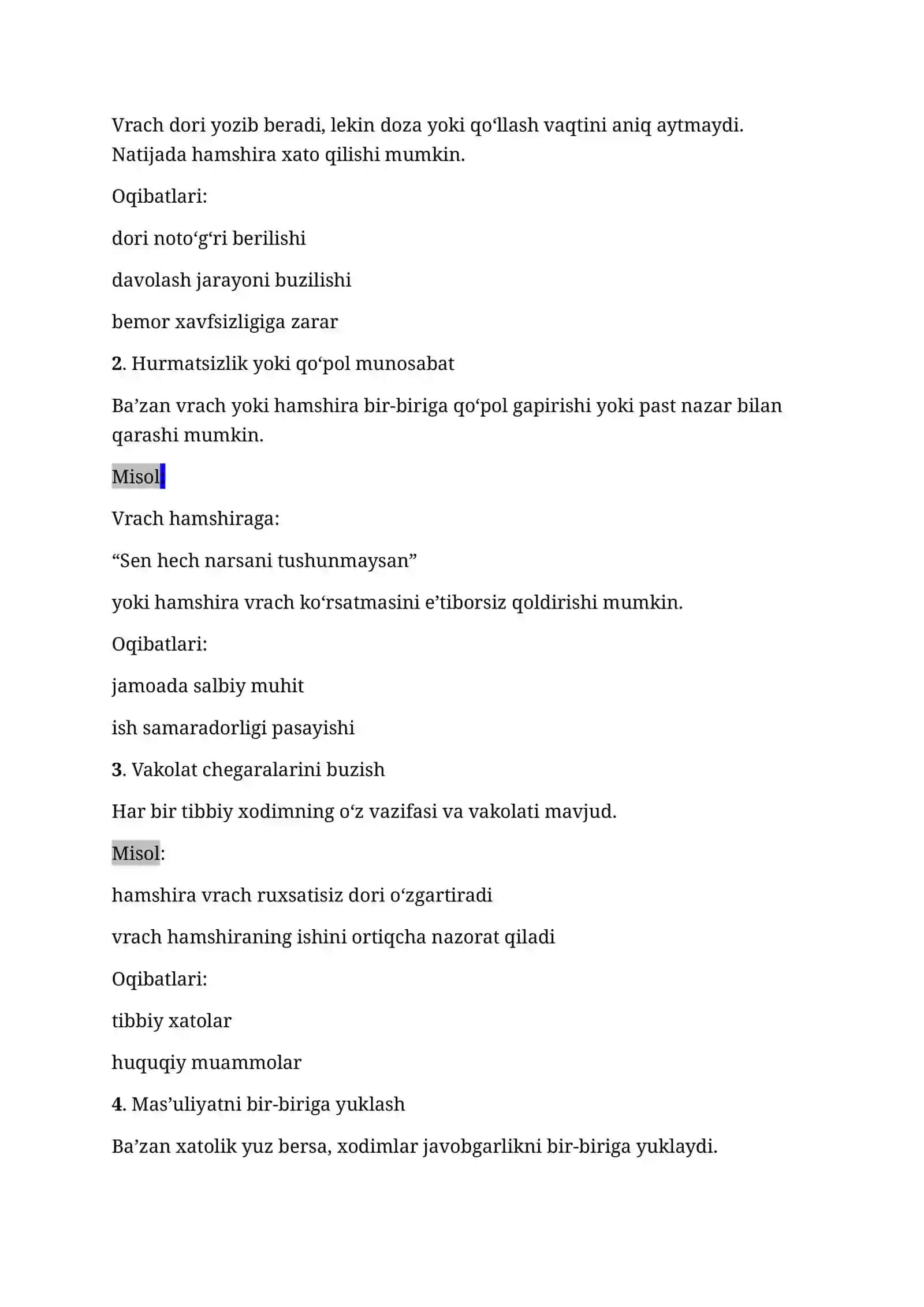 Tibbiyotda vrach-o’rta tibbiy xodim munosabatlaridagi yuzaga kelishi mumkin bo’lgan muammolar va ularni bartaraf etish yo’llari haqida tushuncha 2
