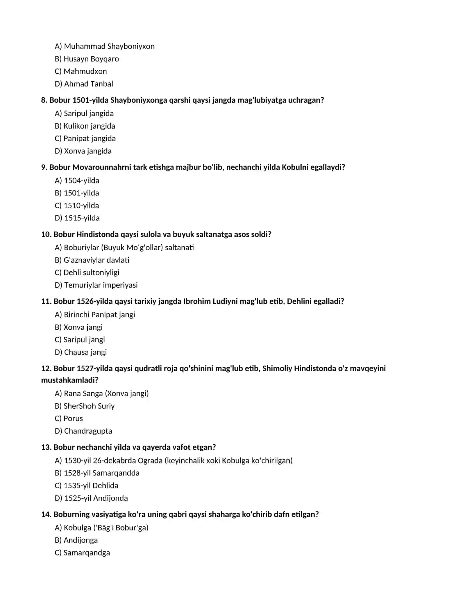 ZAHIRIDDIN MUHAMMAD BOBUR HAYOTI VA IJODI (Maktab darsligi asosida 100 talik test va javoblar) 2
