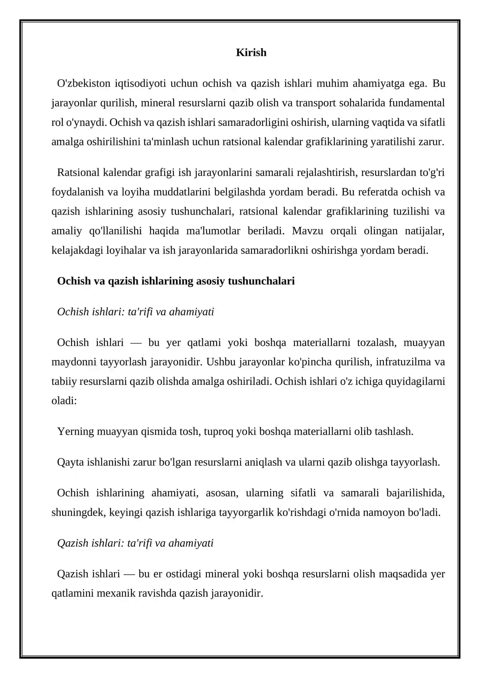 Ochish va qazish ishlarining ratsional kalendar grafigi 2