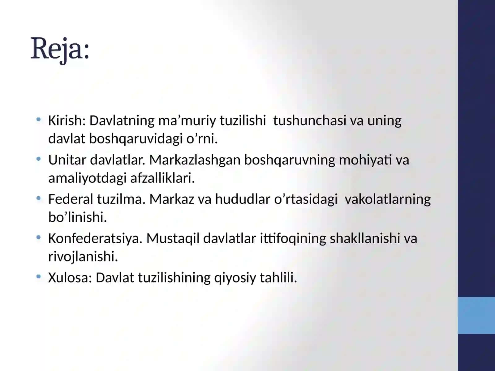 Davlatning ma’muriy-hududiy tuzilishi unitarizm, federalizm, konfederatsiya 2