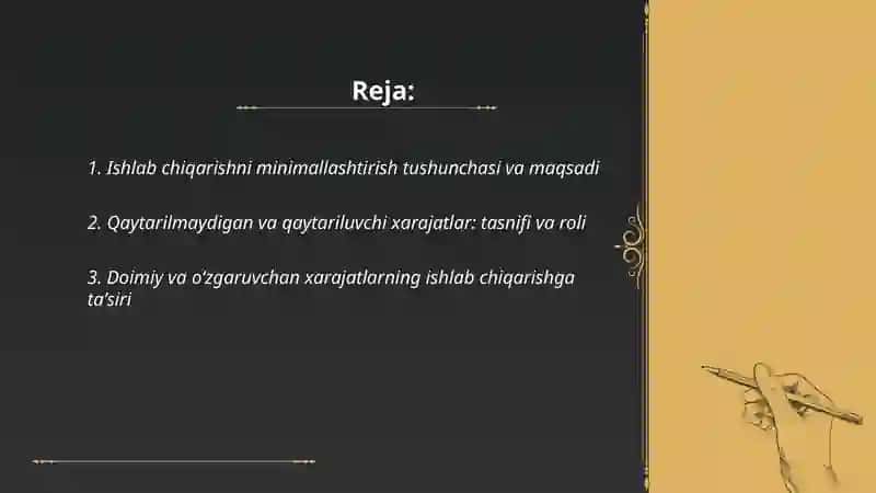 Ishlab chiqarishni minimallashtirish shartlari va korxonaning zararsiz ishlash nuqtasini hisoblash yoʻllar 2