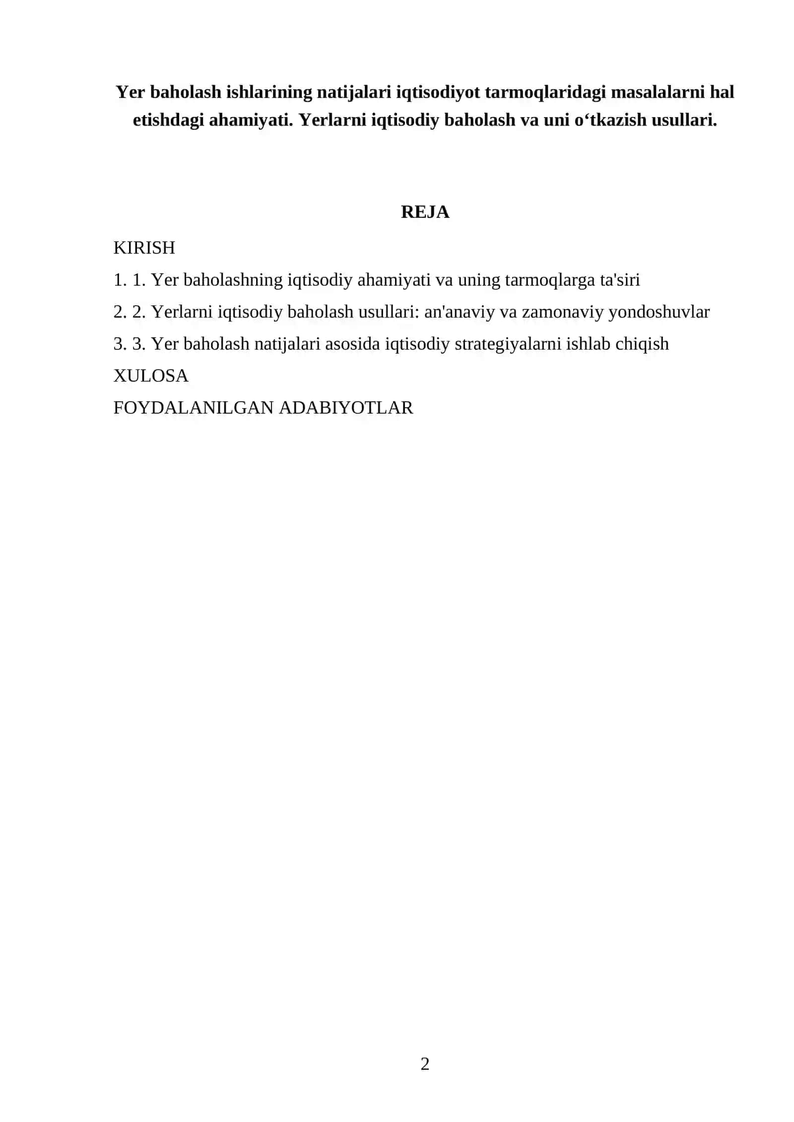 Yer baholash ishlarining natijalari iqtisodiyot tarmoqlaridagi masalalarni hal etishdagi ahamiyati 2