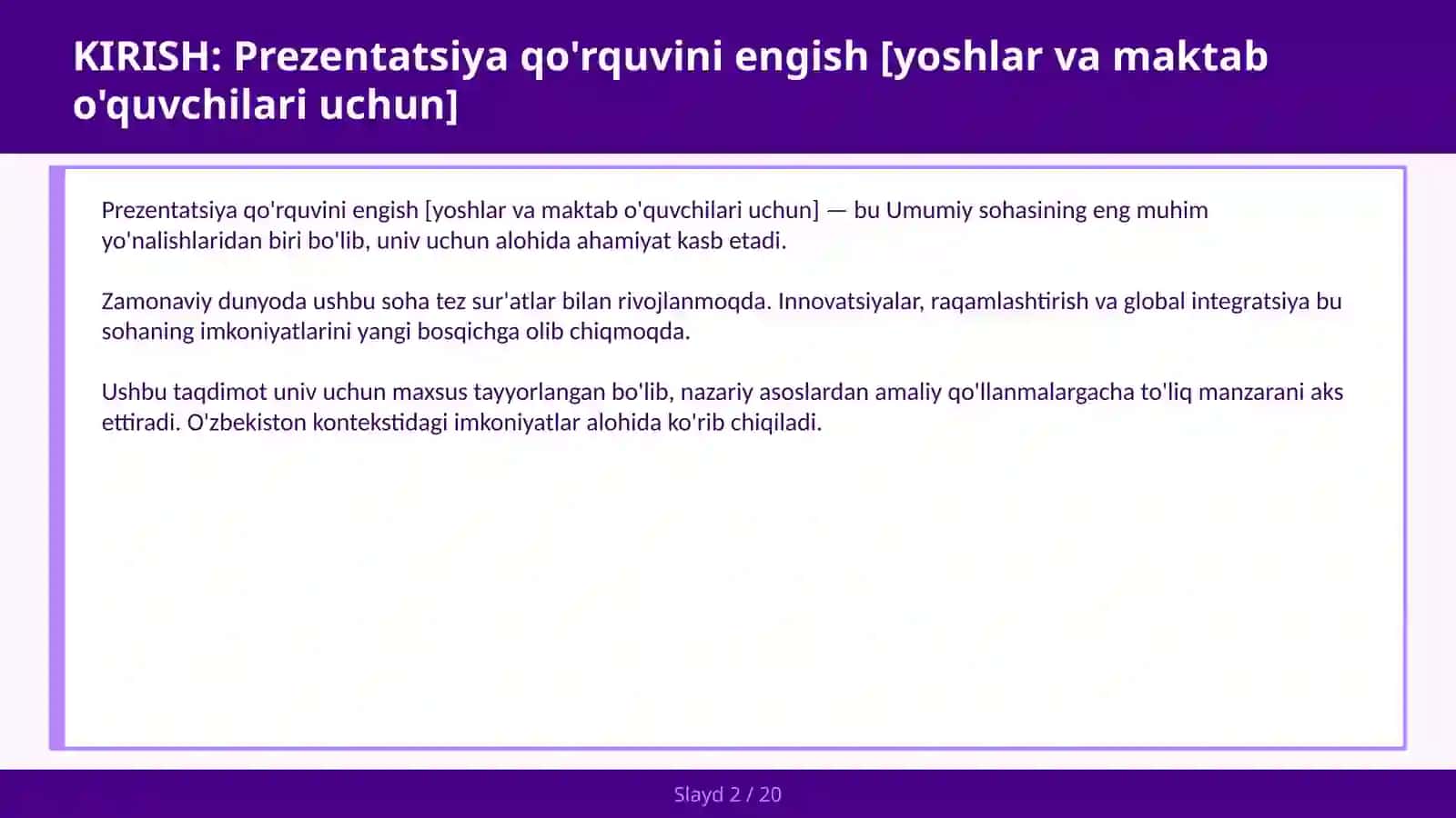 Prezentatsiya qo'rquvini engish [yoshlar va maktab o'quvchilari uchun] 2
