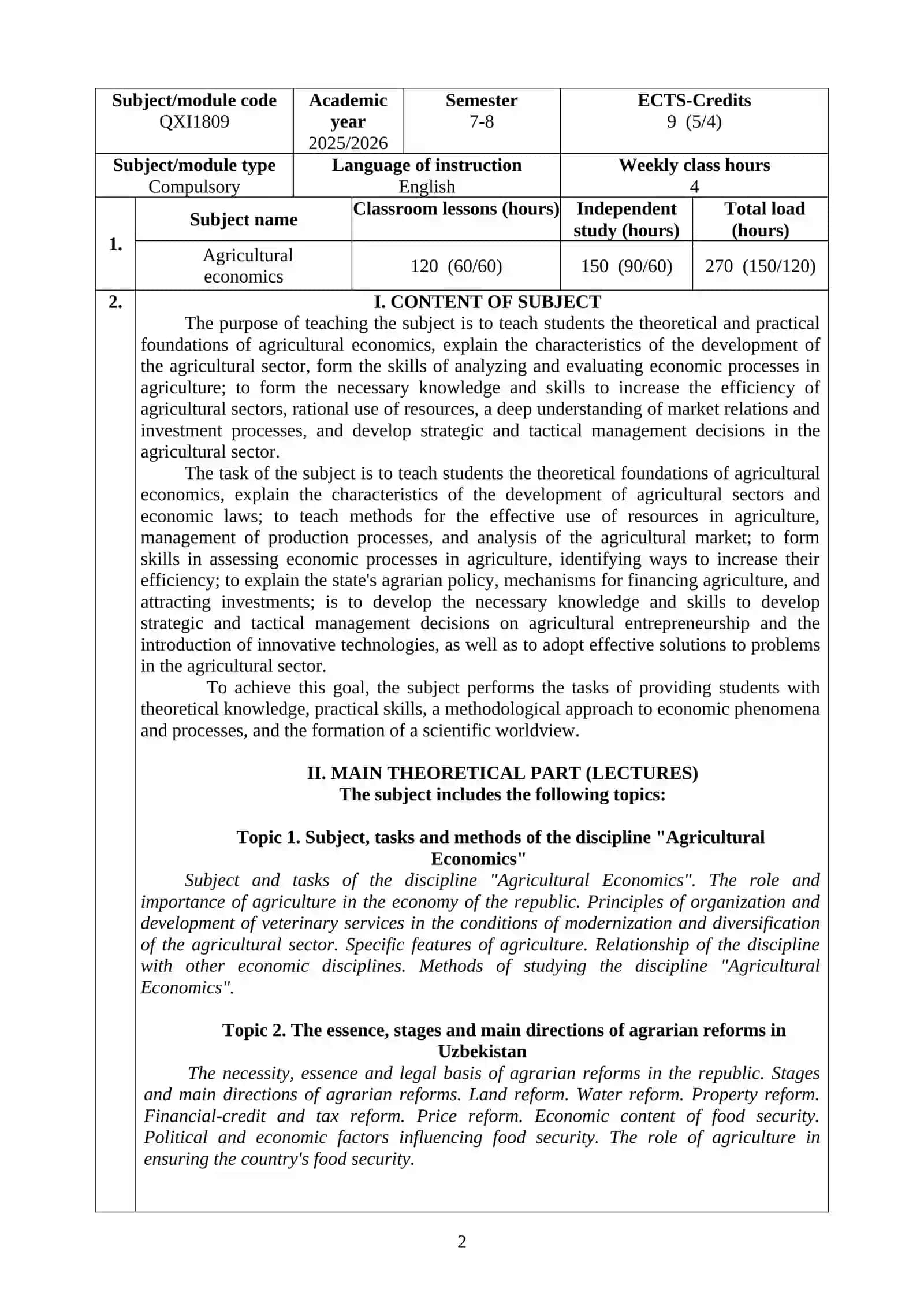 AGRICULTURAL ECONOMICS CURRICULUM 2
