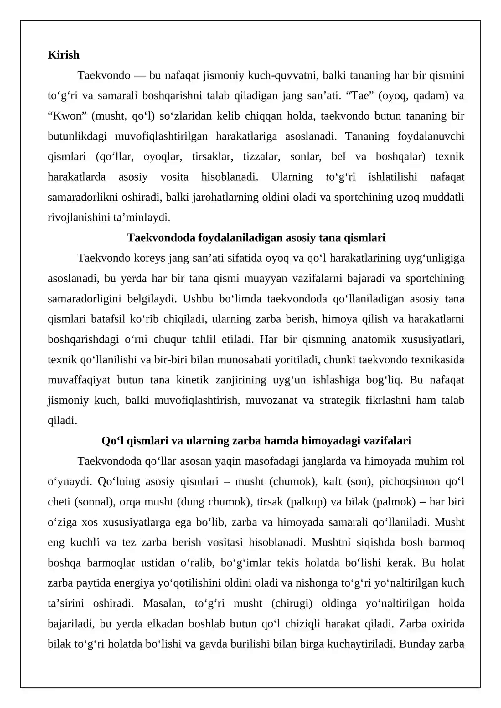 Tananing foydalanuvchi qismlari taekvondo. 2