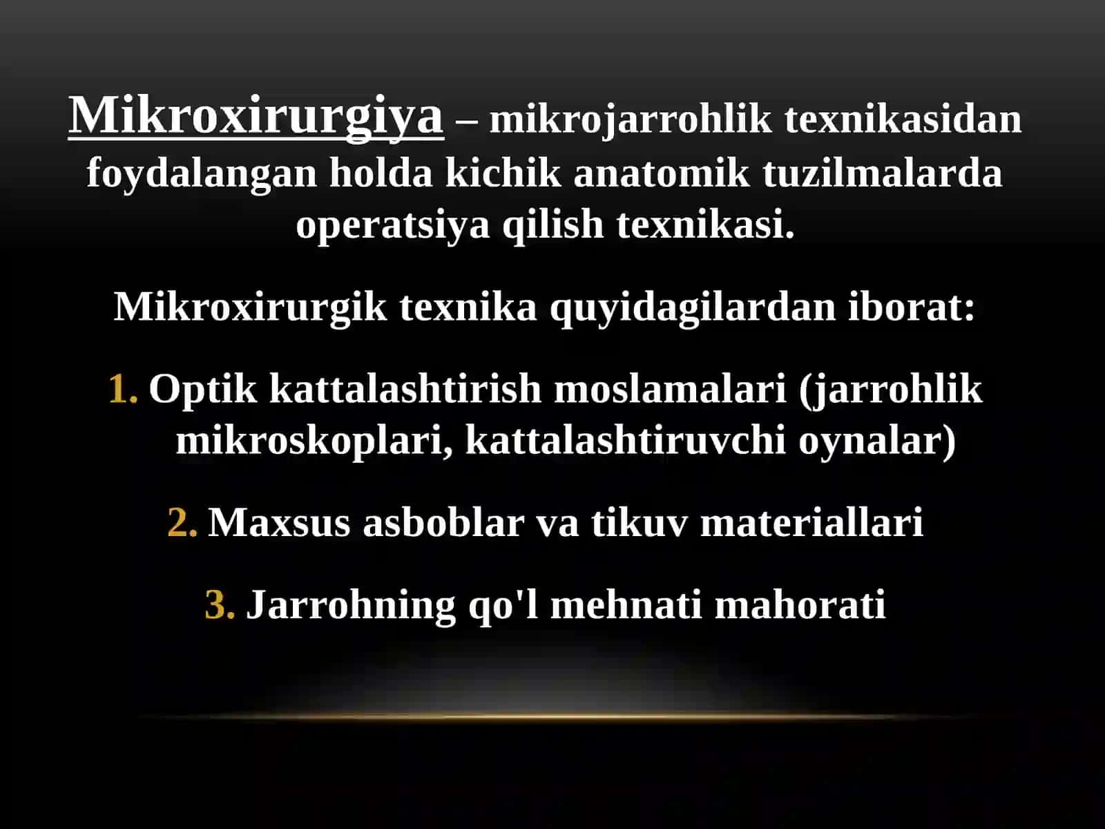 Mikroxirurgiya usullarini qo‘llab Yuz jag‘ sohasi nuqson va shakl buzilishlarini plastikasi. Yuz to‘qimalari transplantatsiyasi. Mikroxirurgiya usullarini qo‘llab Yuz jag‘ sohasi nuqson va shakl buzilishlarini plastikasi. Yuz to‘qimalari transplantatsiyasi. 2