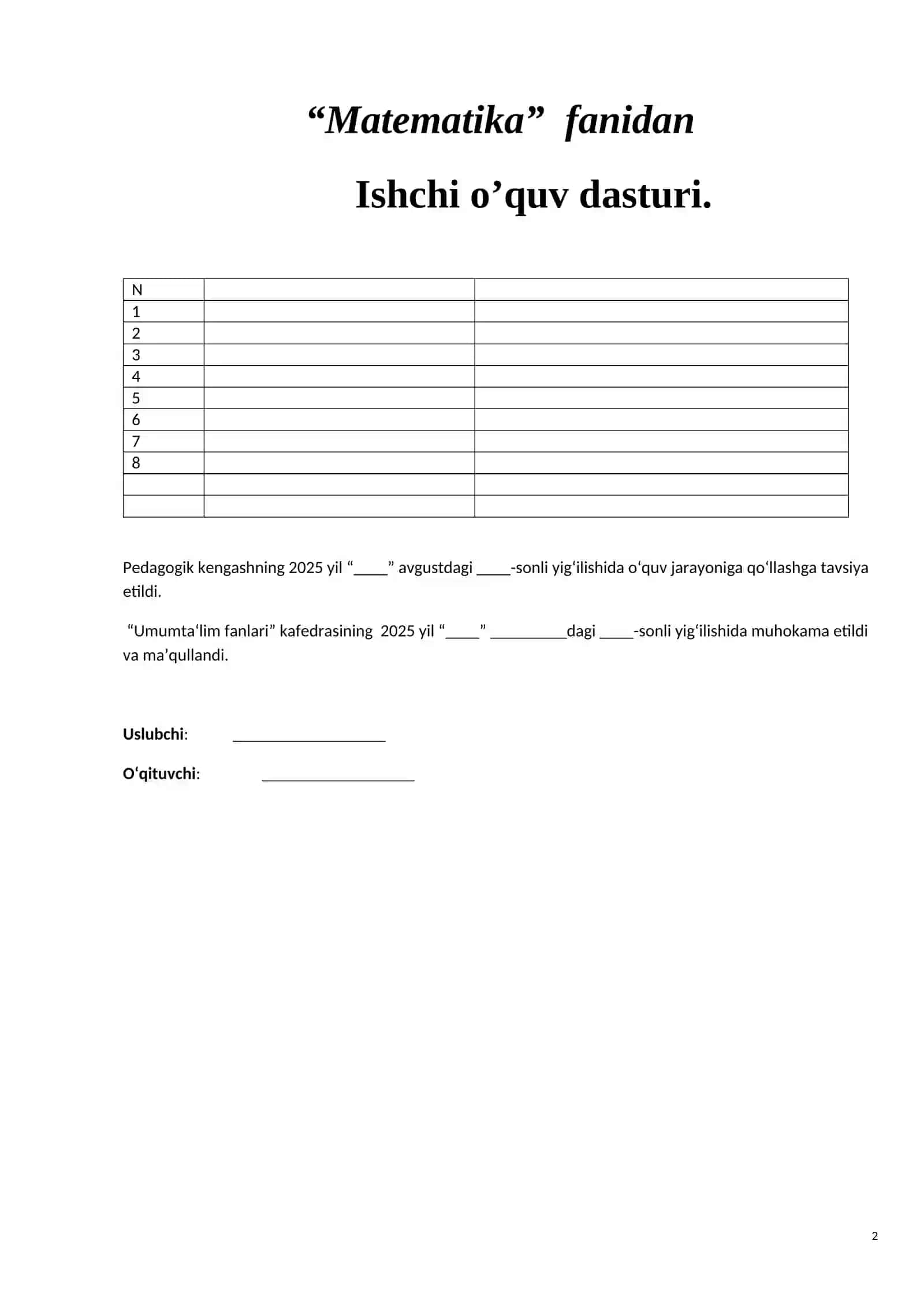 Matemetika fanidan o'qitish materiallari (2-kurs texnikum va kollejlar uchun) 2