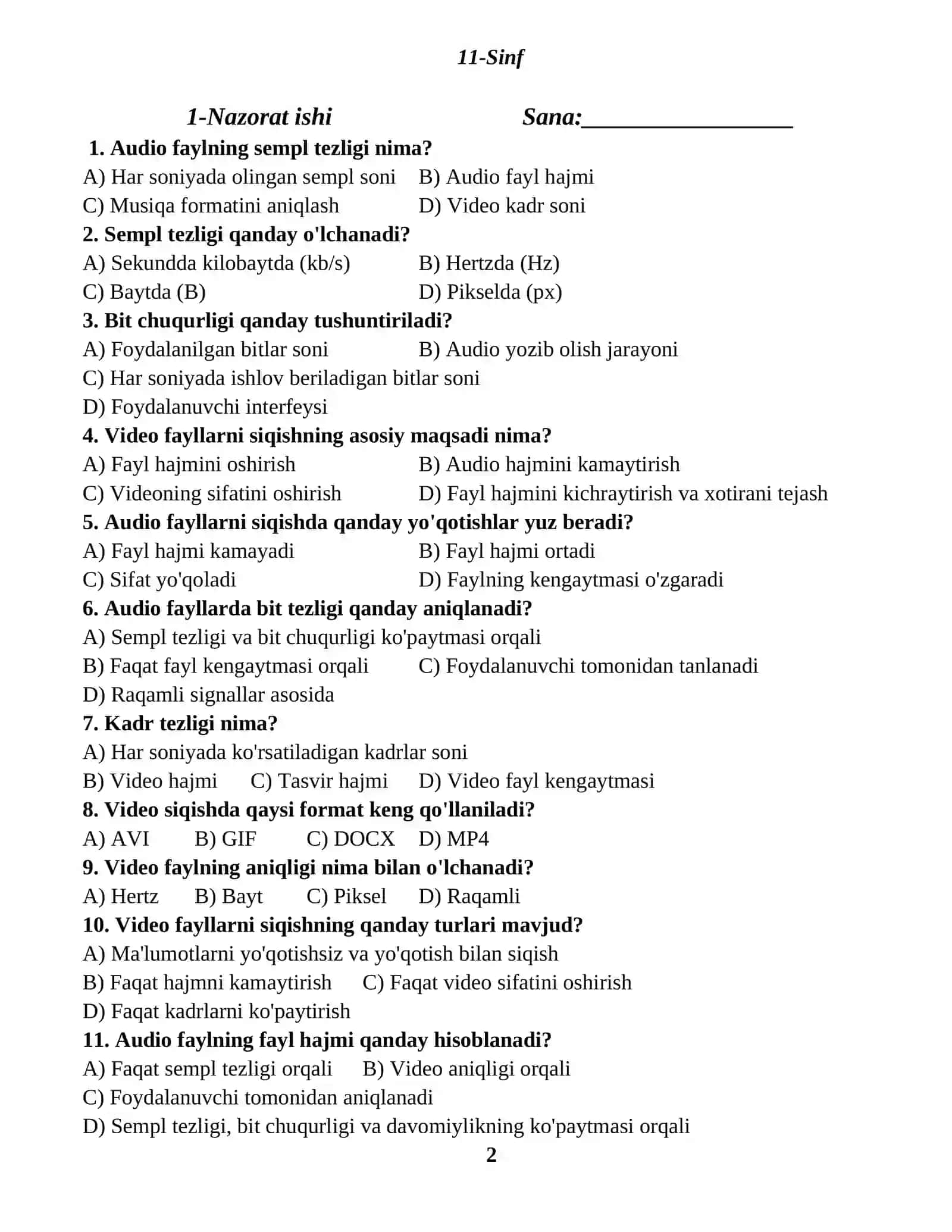 Informatika fanidan Nazorat Ishlari dafatari 2
