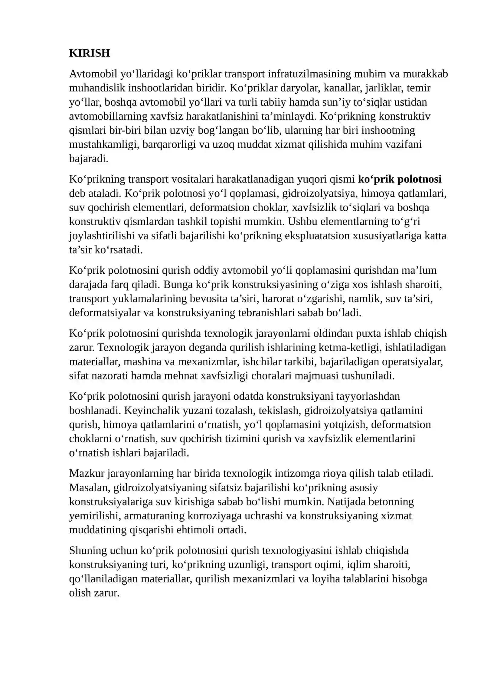 AVTOMOBIL YO‘LLARIDAGI KO‘PRIK POLOTNOSINI QURISH TEXNOLOGIK JARAYONLARINI ISHLAB CHIQISH 2