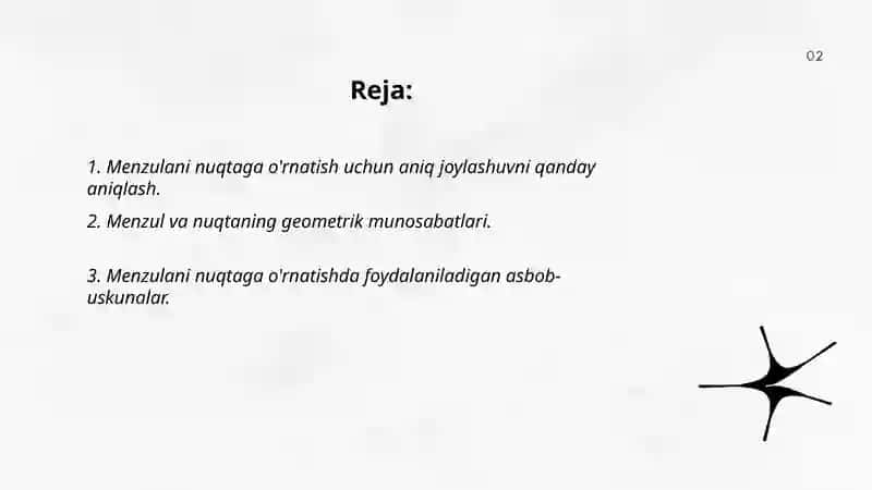 Menzulani nuqtaga o'rnatishni tushuntirib bering 2