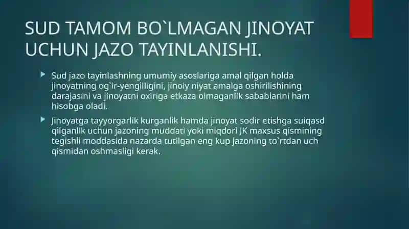 TAMOM BO`LMAGAN VA  ISHTIROKCHILIKDA SODIR ETILGAN JINOYATLAR UCHUN JAZO TAYINLASH 2