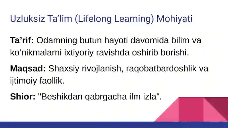 Uzluksiz Ta’lim (Lifelong Learning) Mohiyati 2