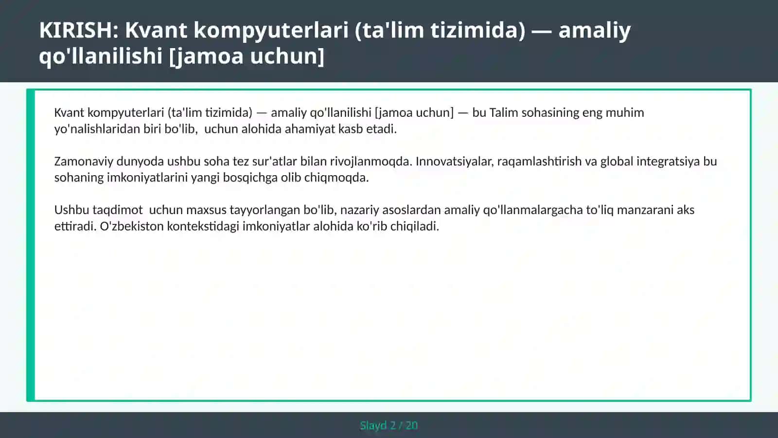 Kvant kompyuterlari (ta'lim tizimida) — amaliy qo'llanilishi [jamoa uchun] 2